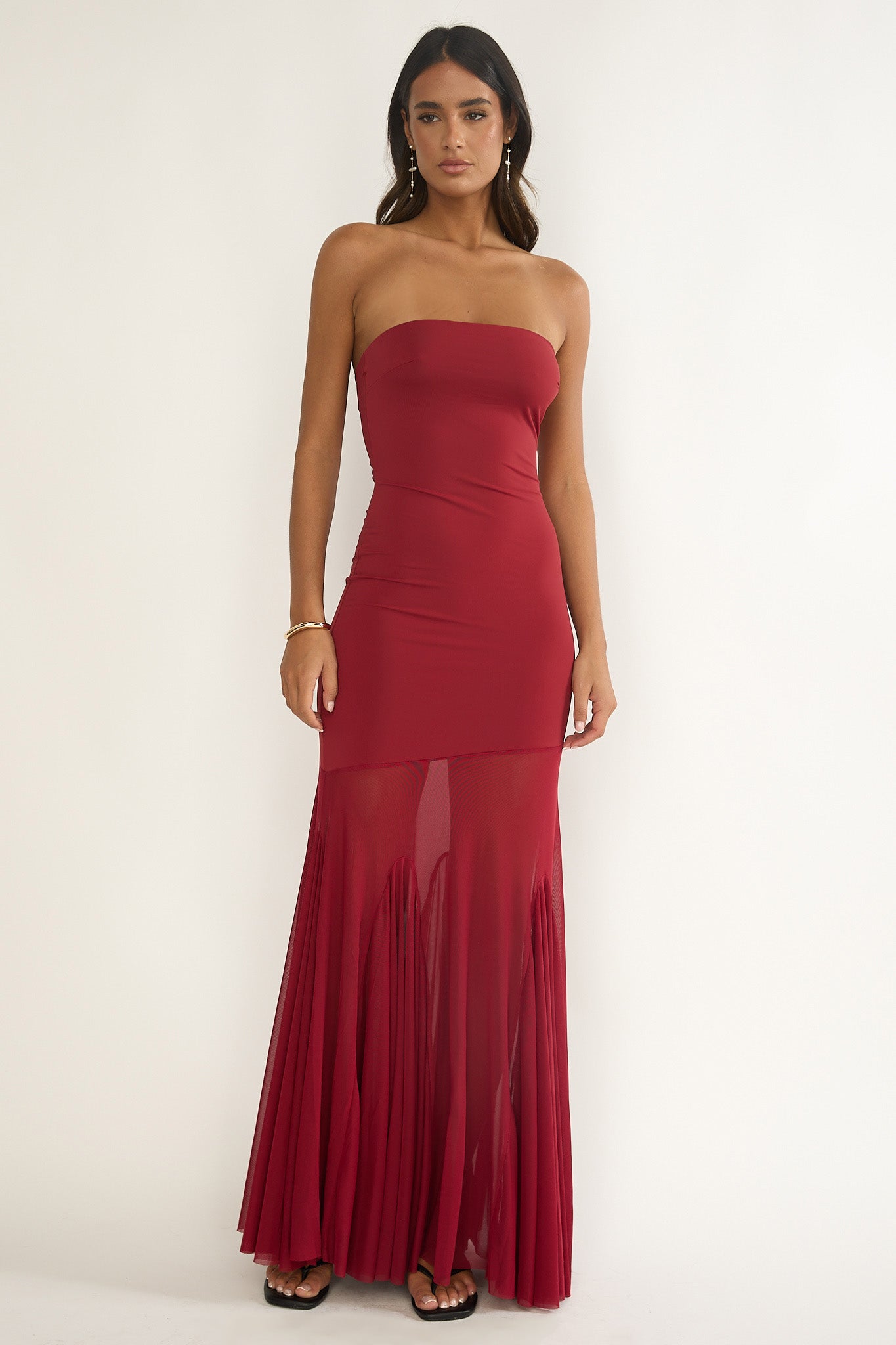 Velvet Rope Strapless Mesh Maxi Dress Wine-Maymioy