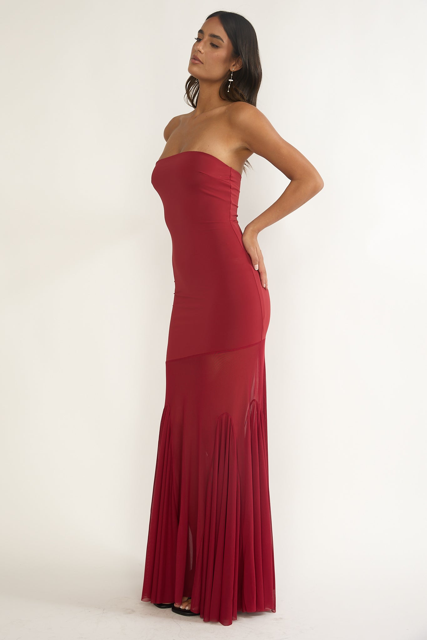 Velvet Rope Strapless Mesh Maxi Dress Wine-Maymioy