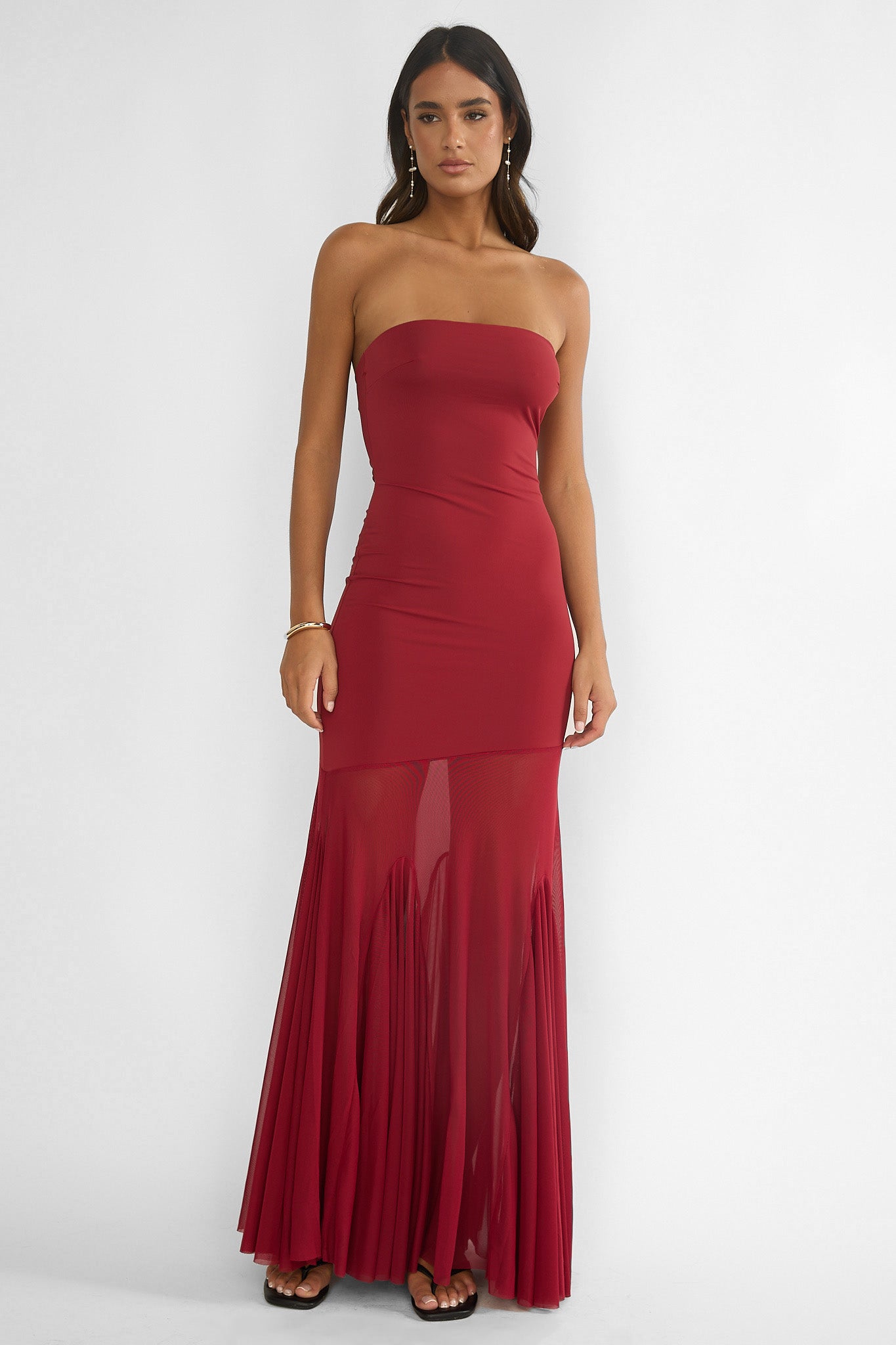 Velvet Rope Strapless Mesh Maxi Dress Wine-Maymioy