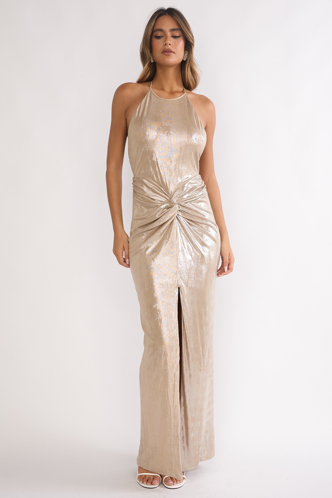 Delphinah Twist Waist Maxi Dress Champagne-Maymioy