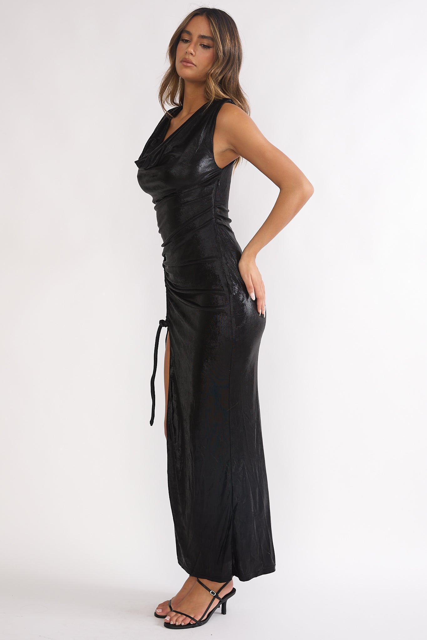 Lyrah Cowl Ruched Maxi Dress Black-Maymioy