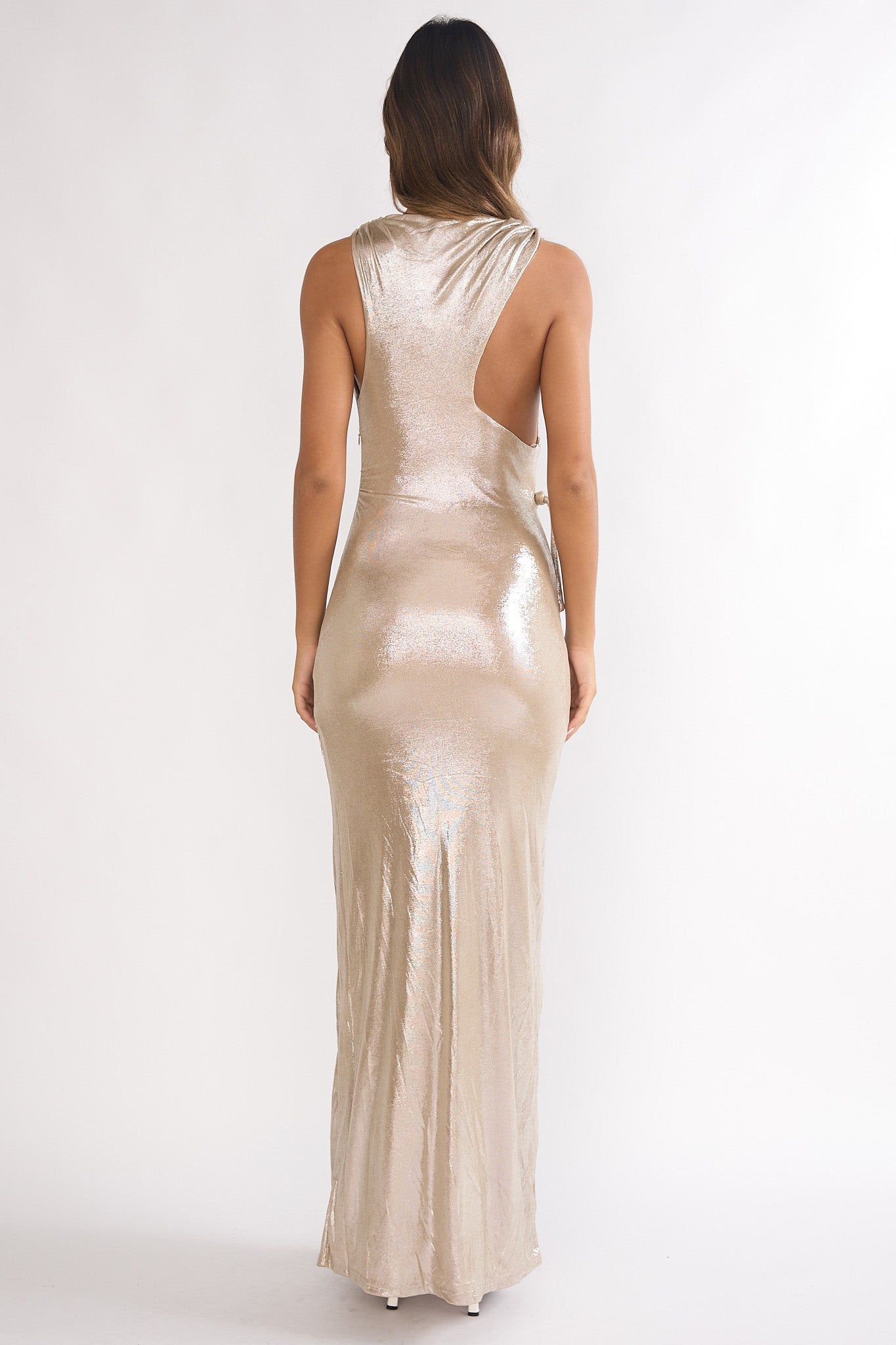 Lyrah Cowl Ruched Maxi Dress Champagne-Maymioy