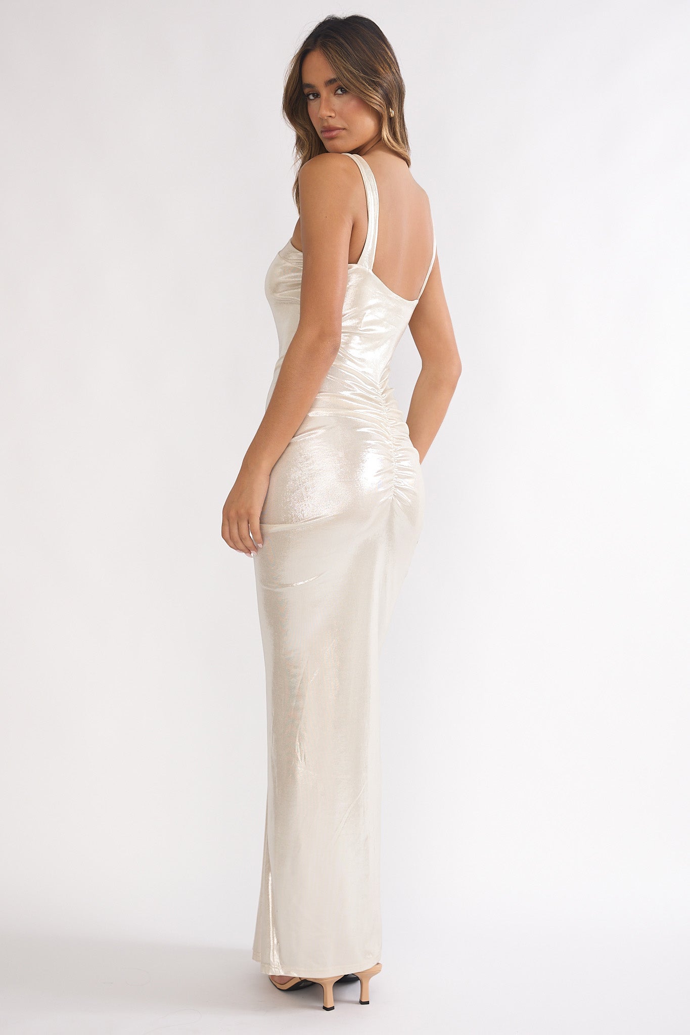 Delaina Ruched Waist Gold Accent Maxi Dress Pearl-Maymioy