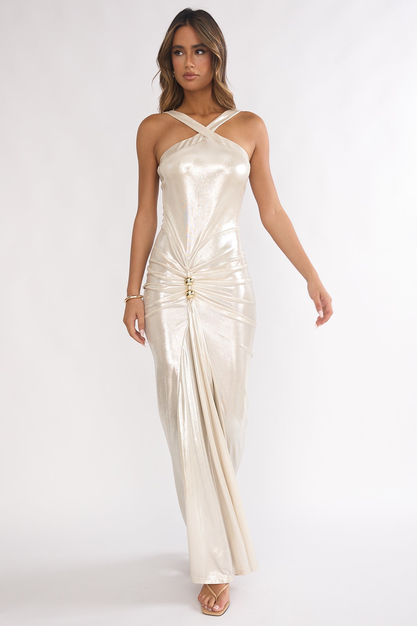 Delaina Ruched Waist Gold Accent Maxi Dress Pearl-Maymioy