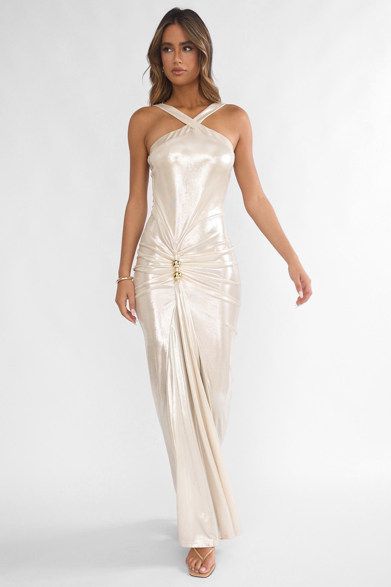 Delaina Ruched Waist Gold Accent Maxi Dress Pearl-Maymioy