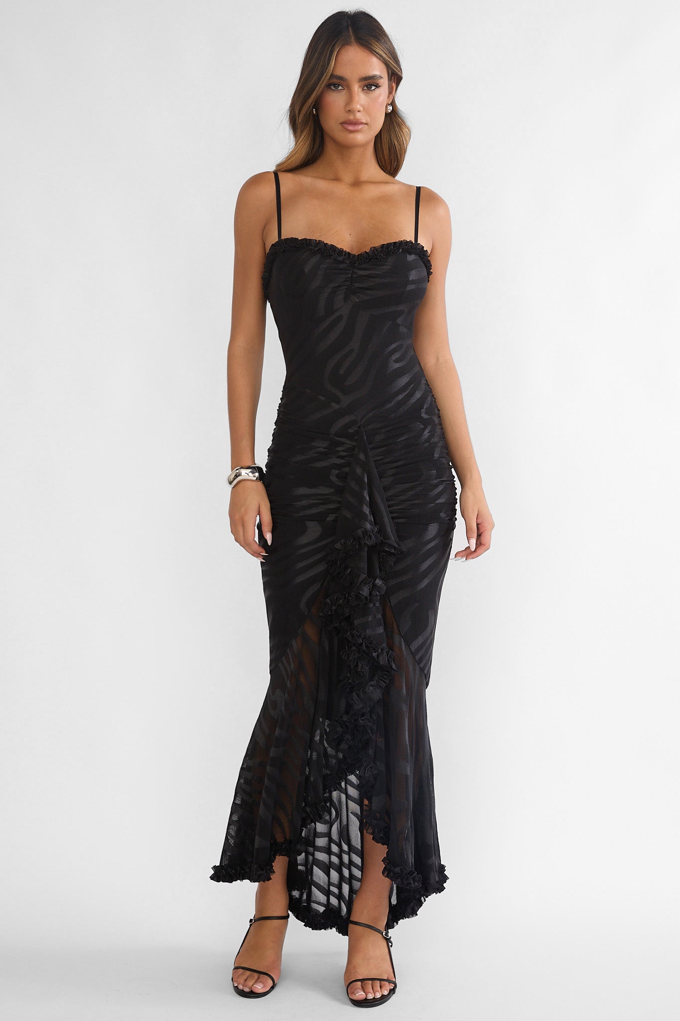 Everine Ruched Frill Trim Maxi Dress Black-Maymioy