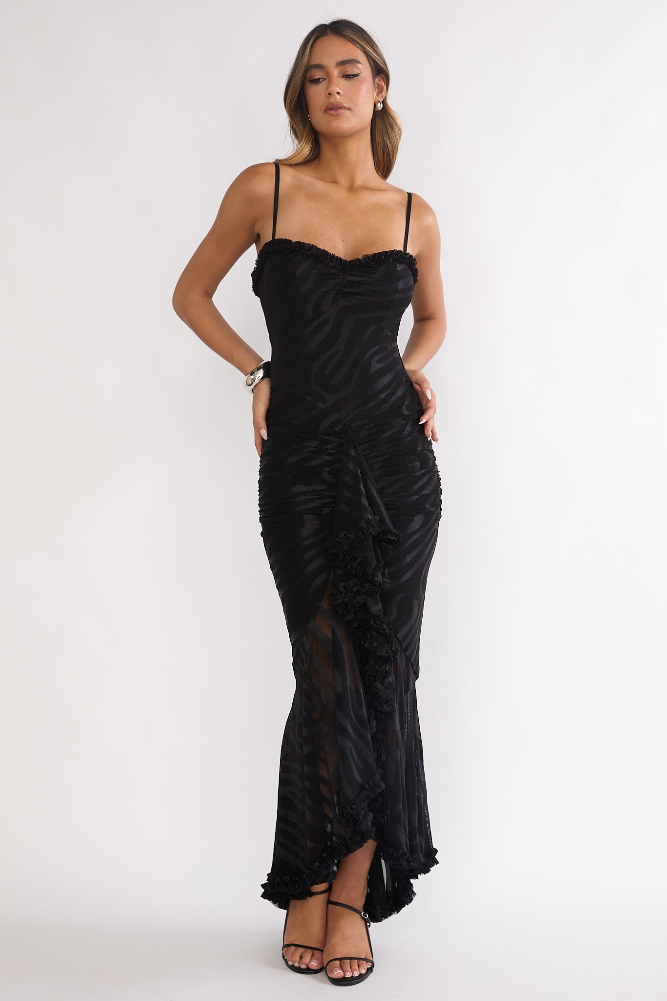 Everine Ruched Frill Trim Maxi Dress Black-Maymioy