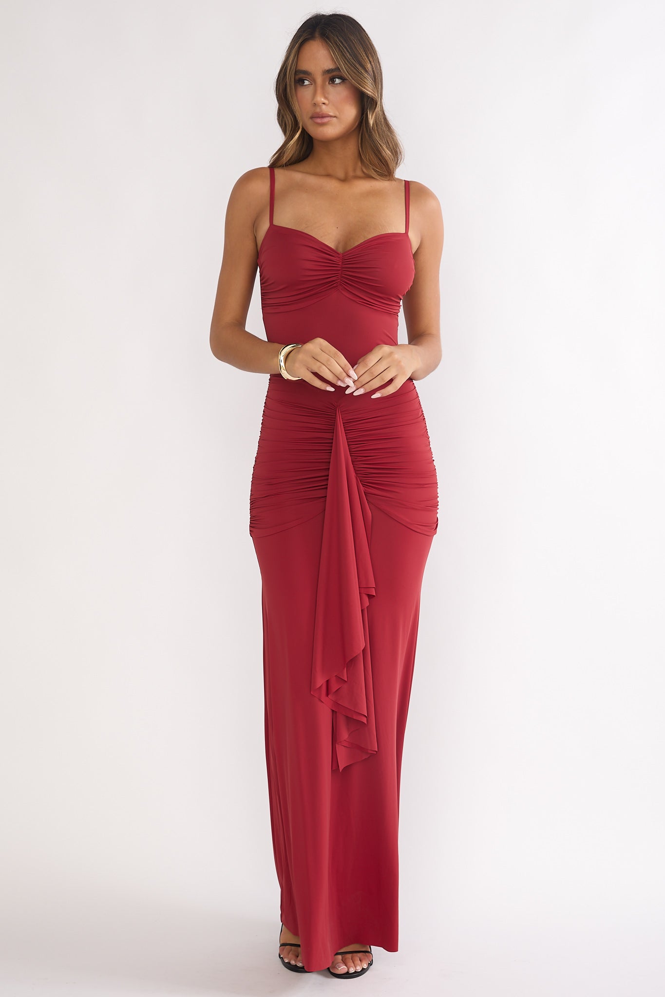 Lunara Ruched Cascade Sash Dress Wine-Maymioy