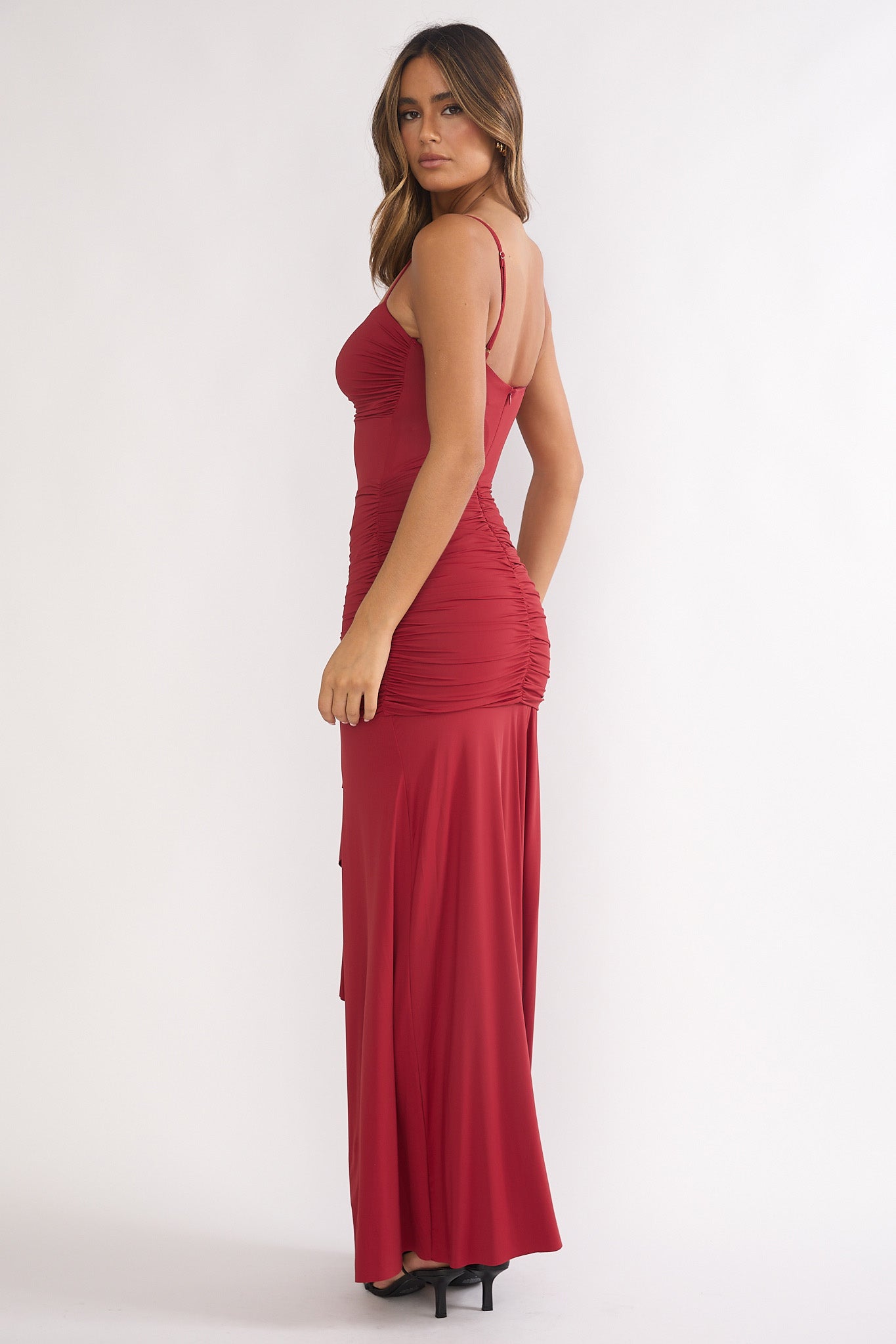 Lunara Ruched Cascade Sash Dress Wine-Maymioy