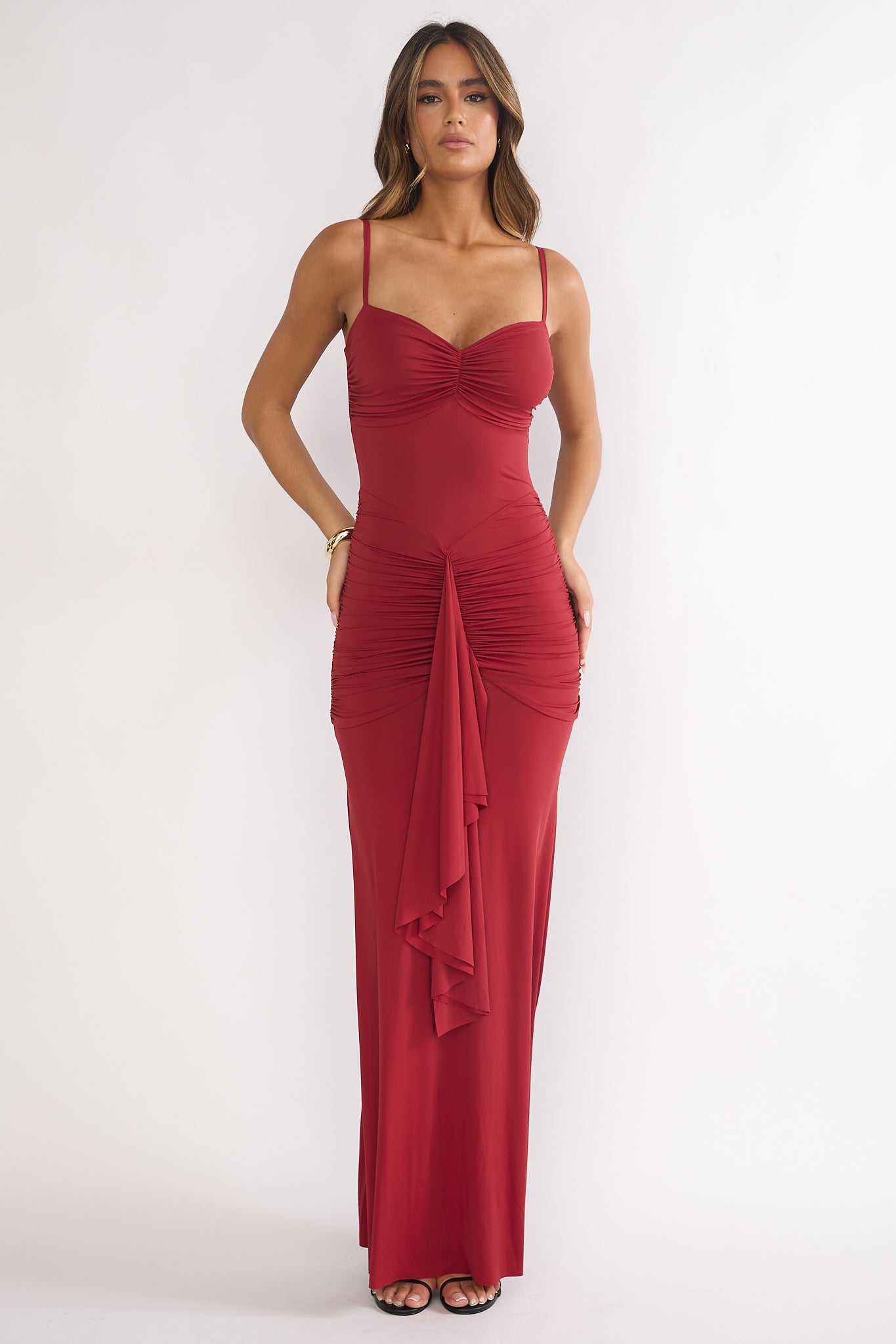 Lunara Ruched Cascade Sash Dress Wine-Maymioy