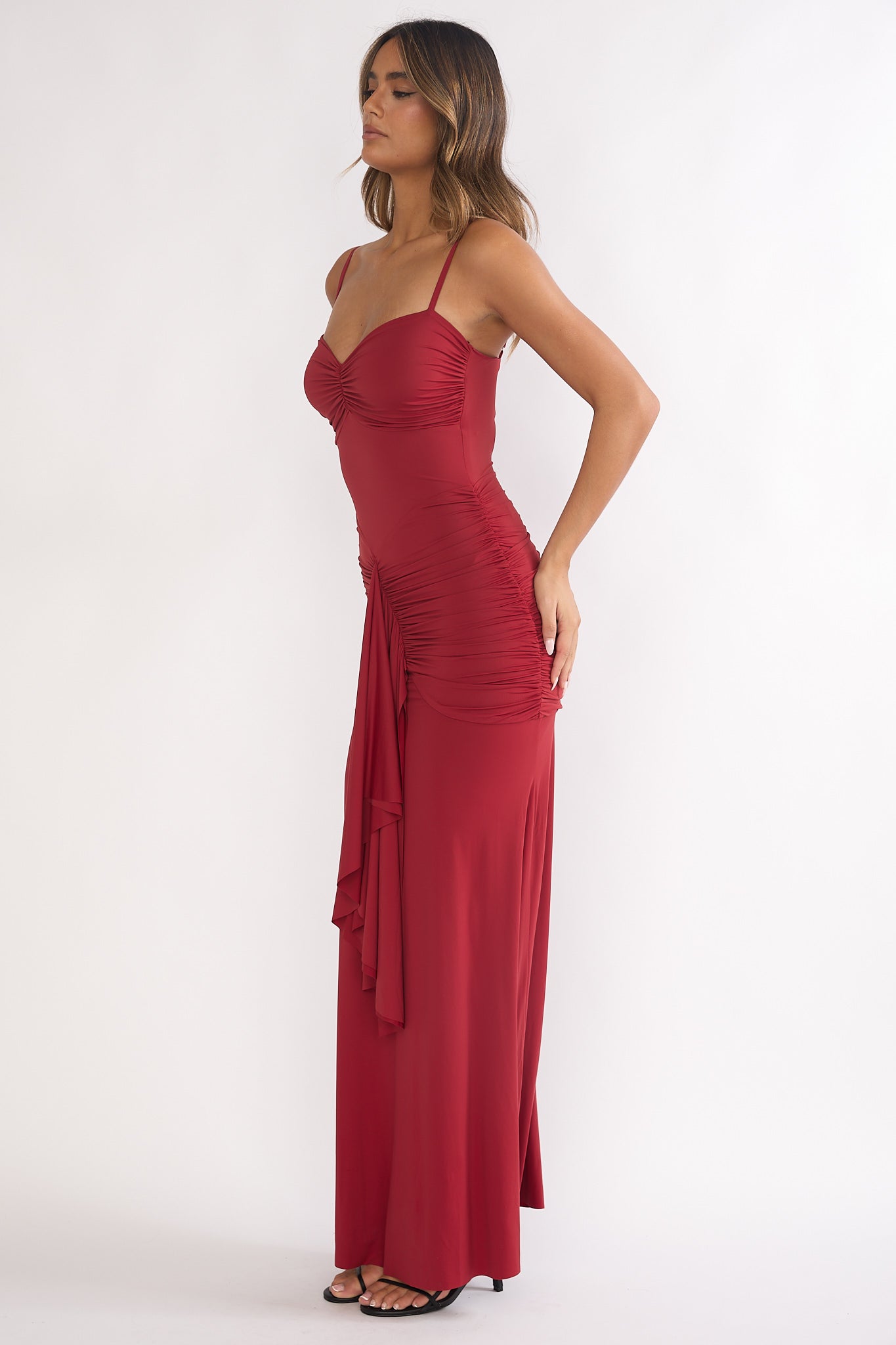 Lunara Ruched Cascade Sash Dress Wine-Maymioy