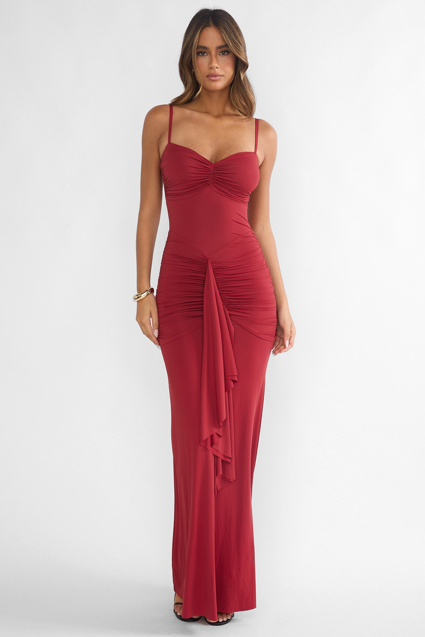 Lunara Ruched Cascade Sash Dress Wine-Maymioy