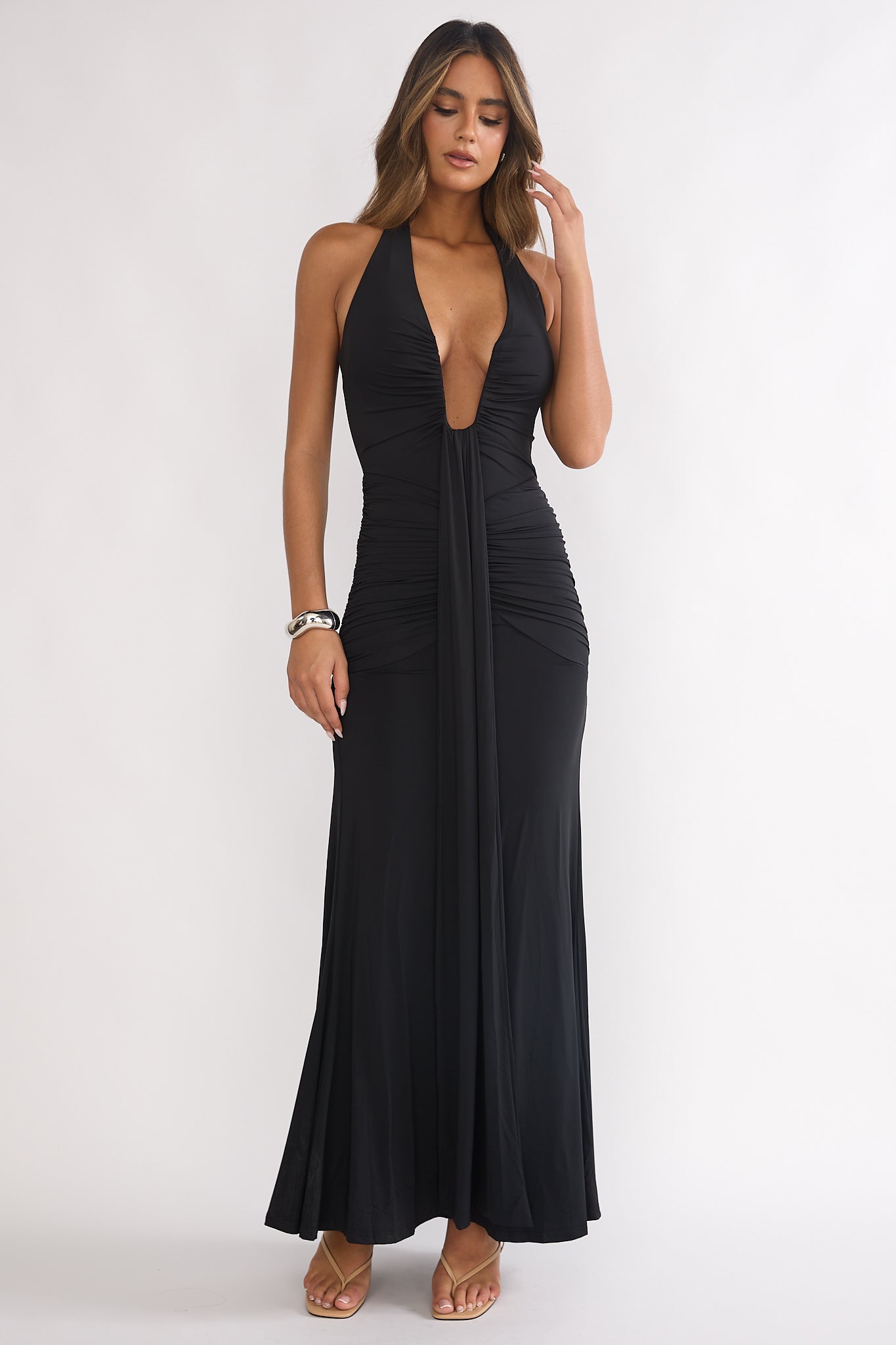Brienna Halter Ruched Maxi Dress Black-Maymioy