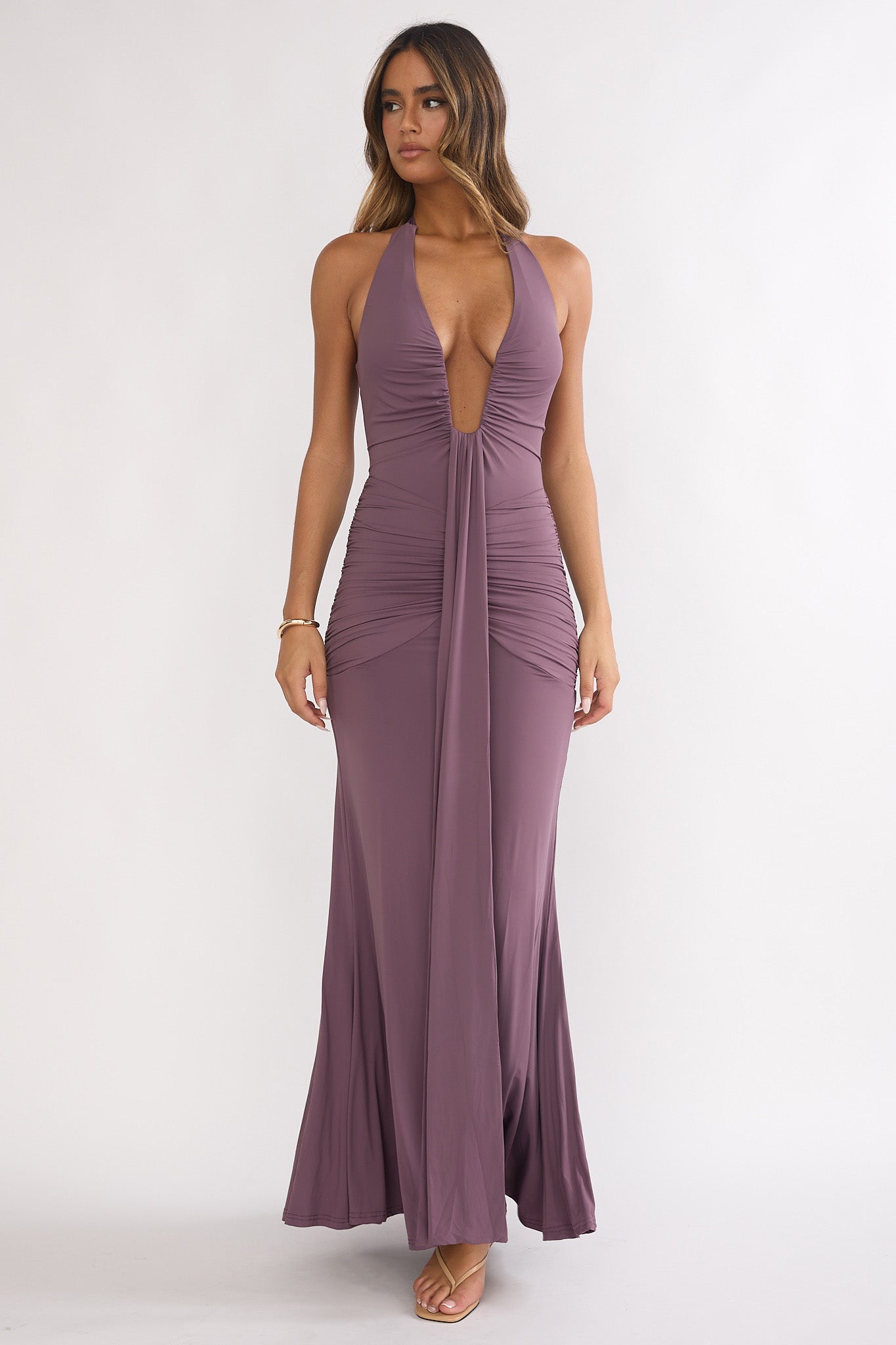 Brienna Halter Ruched Maxi Dress Mauve-Maymioy