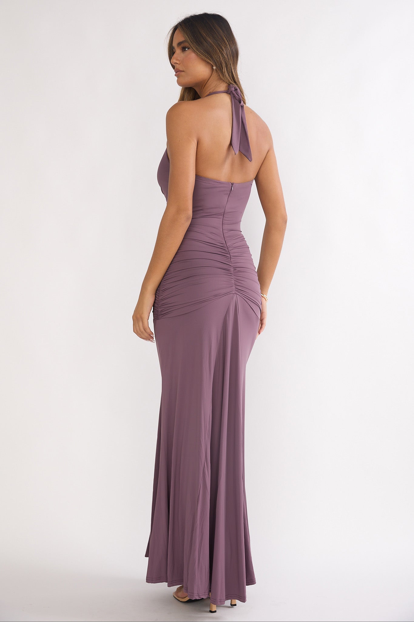 Brienna Halter Ruched Maxi Dress Mauve-Maymioy