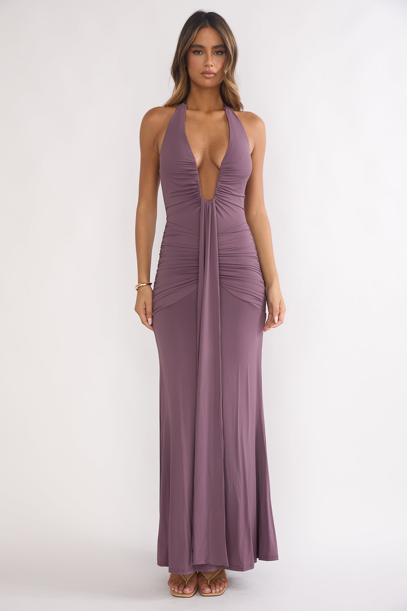Brienna Halter Ruched Maxi Dress Mauve-Maymioy