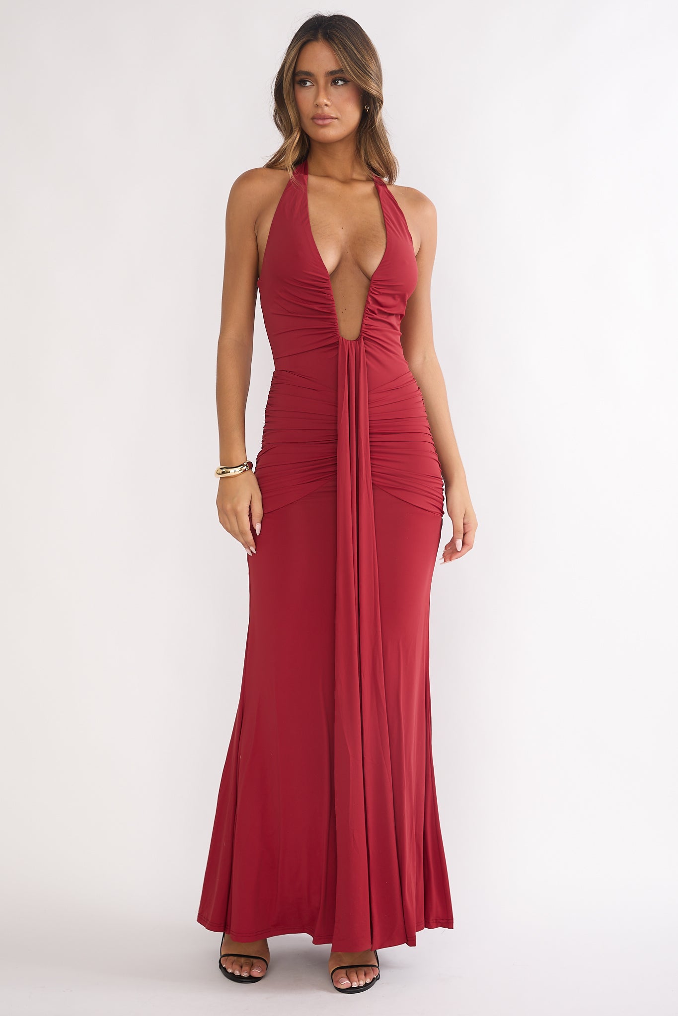 Brienna Halter Ruched Maxi Dress Wine-Maymioy