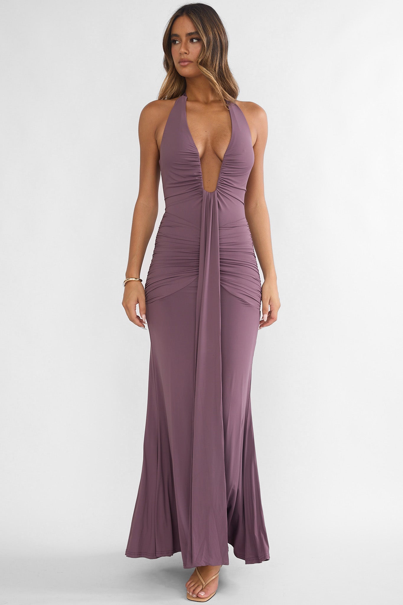 Brienna Halter Ruched Maxi Dress Mauve-Maymioy