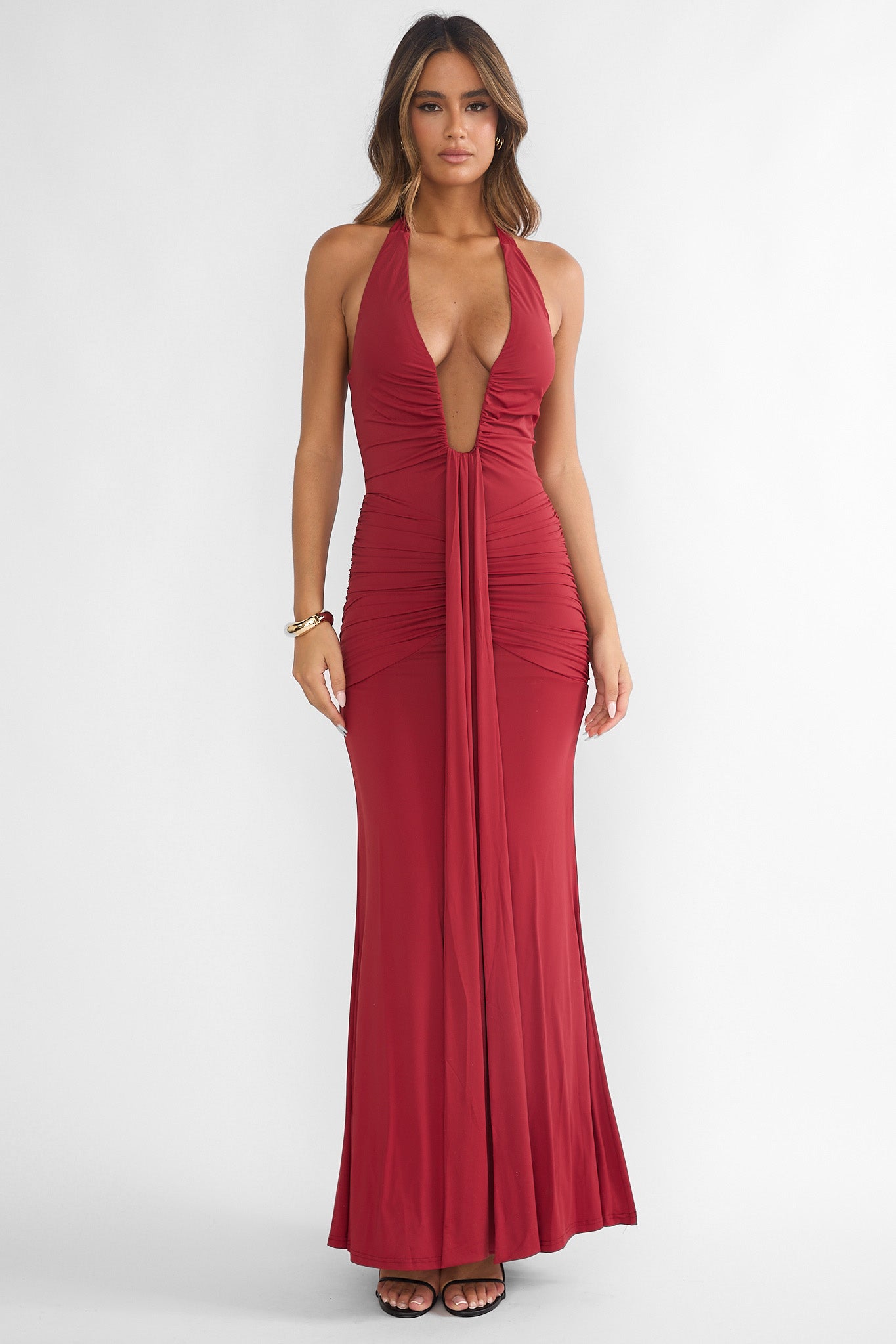 Brienna Halter Ruched Maxi Dress Wine-Maymioy