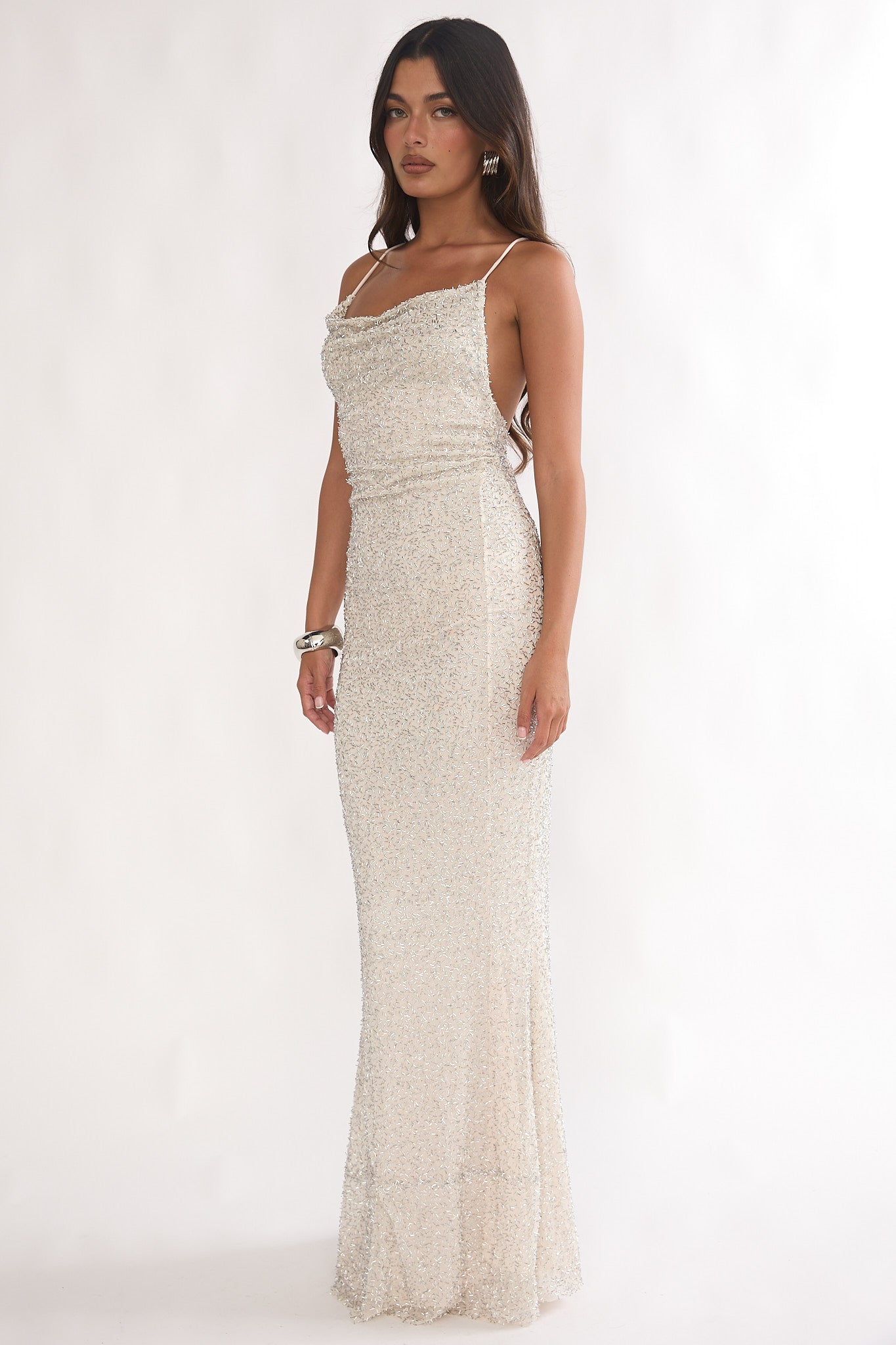 Emillia Strappy Open Back Maxi Dress Sequin Ivory-Maymioy
