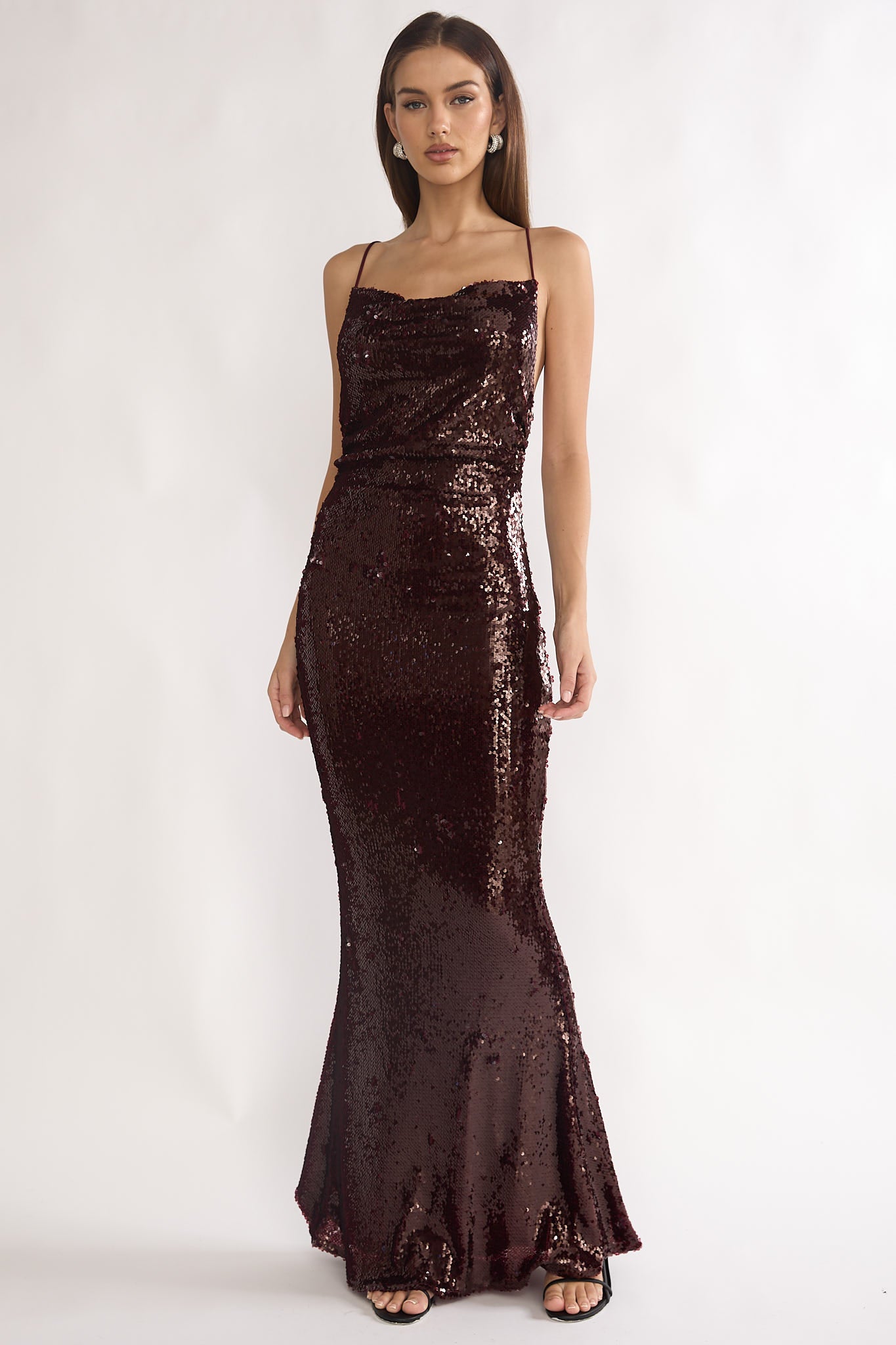 She's The Star Open Tied Back Maxi Dress Sequin Wine-Maymioy