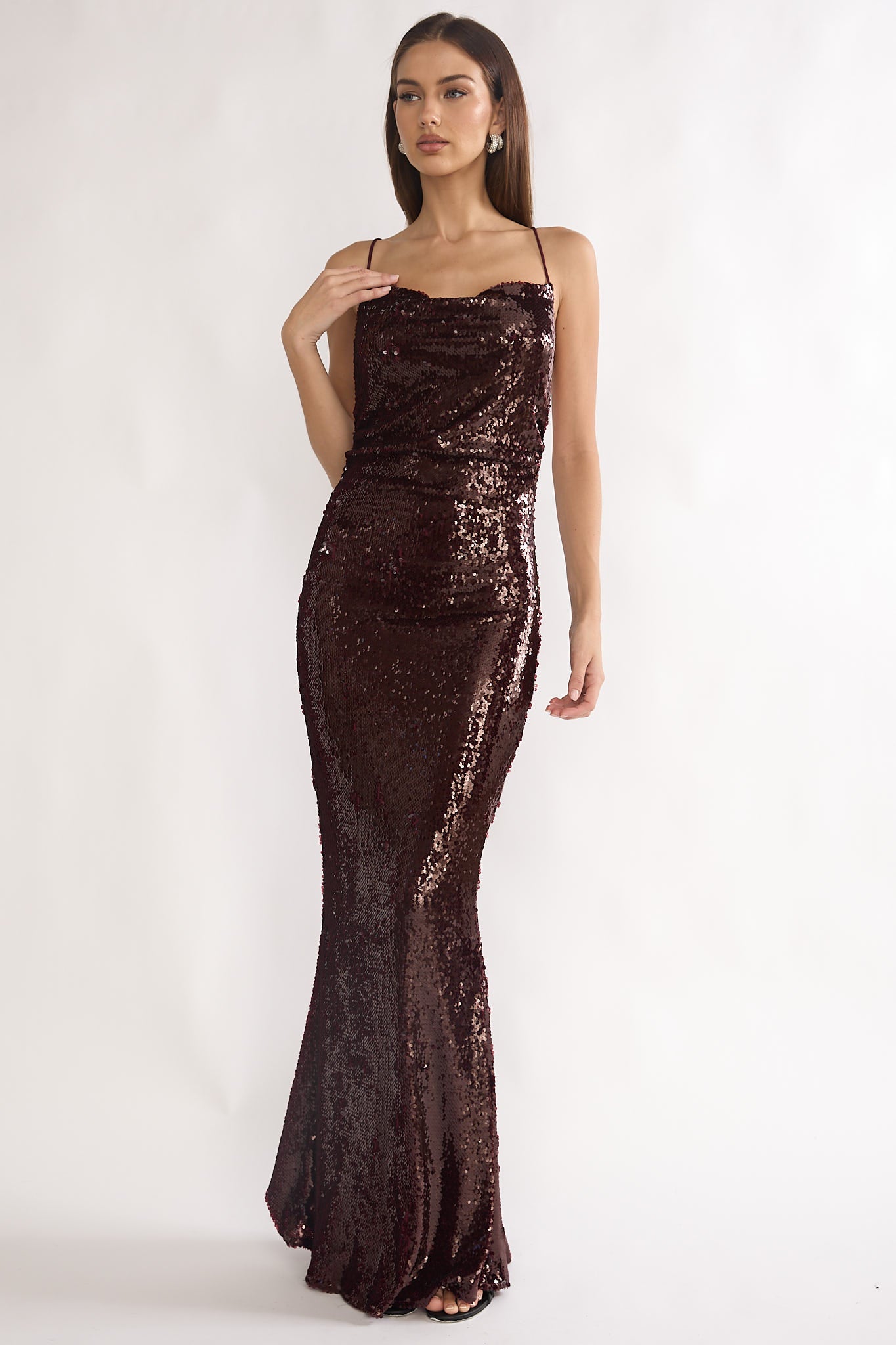 She's The Star Open Tied Back Maxi Dress Sequin Wine-Maymioy