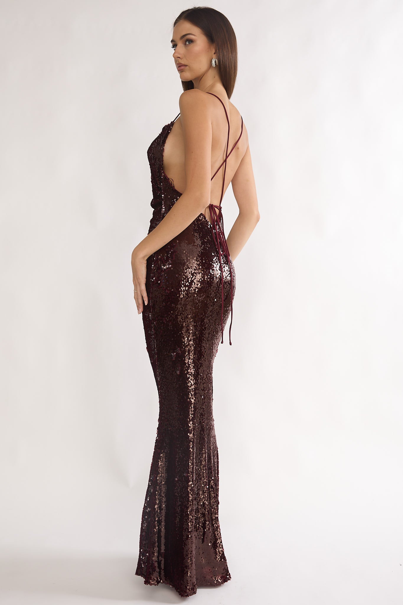 She's The Star Open Tied Back Maxi Dress Sequin Wine-Maymioy