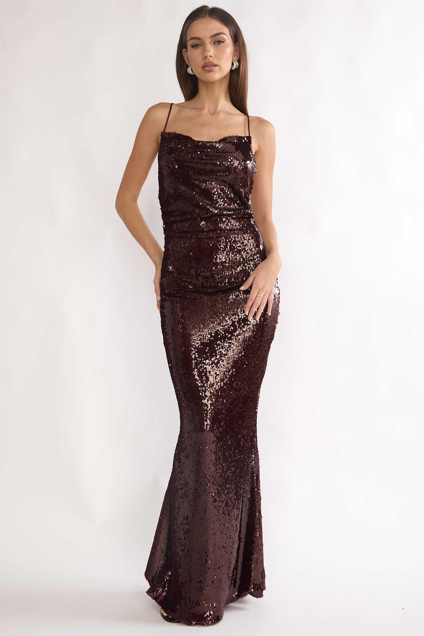 She's The Star Open Tied Back Maxi Dress Sequin Wine-Maymioy