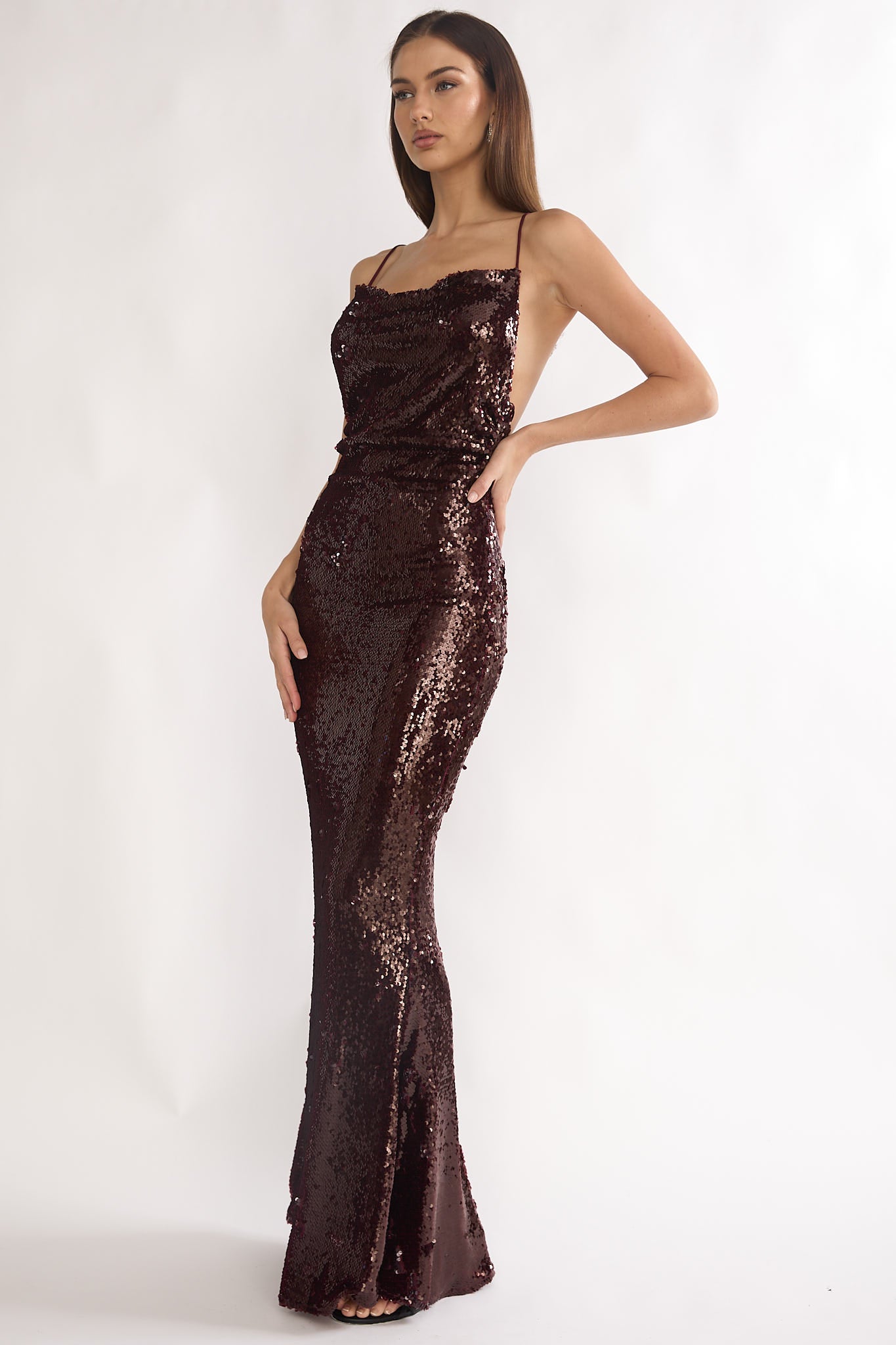 She's The Star Open Tied Back Maxi Dress Sequin Wine-Maymioy