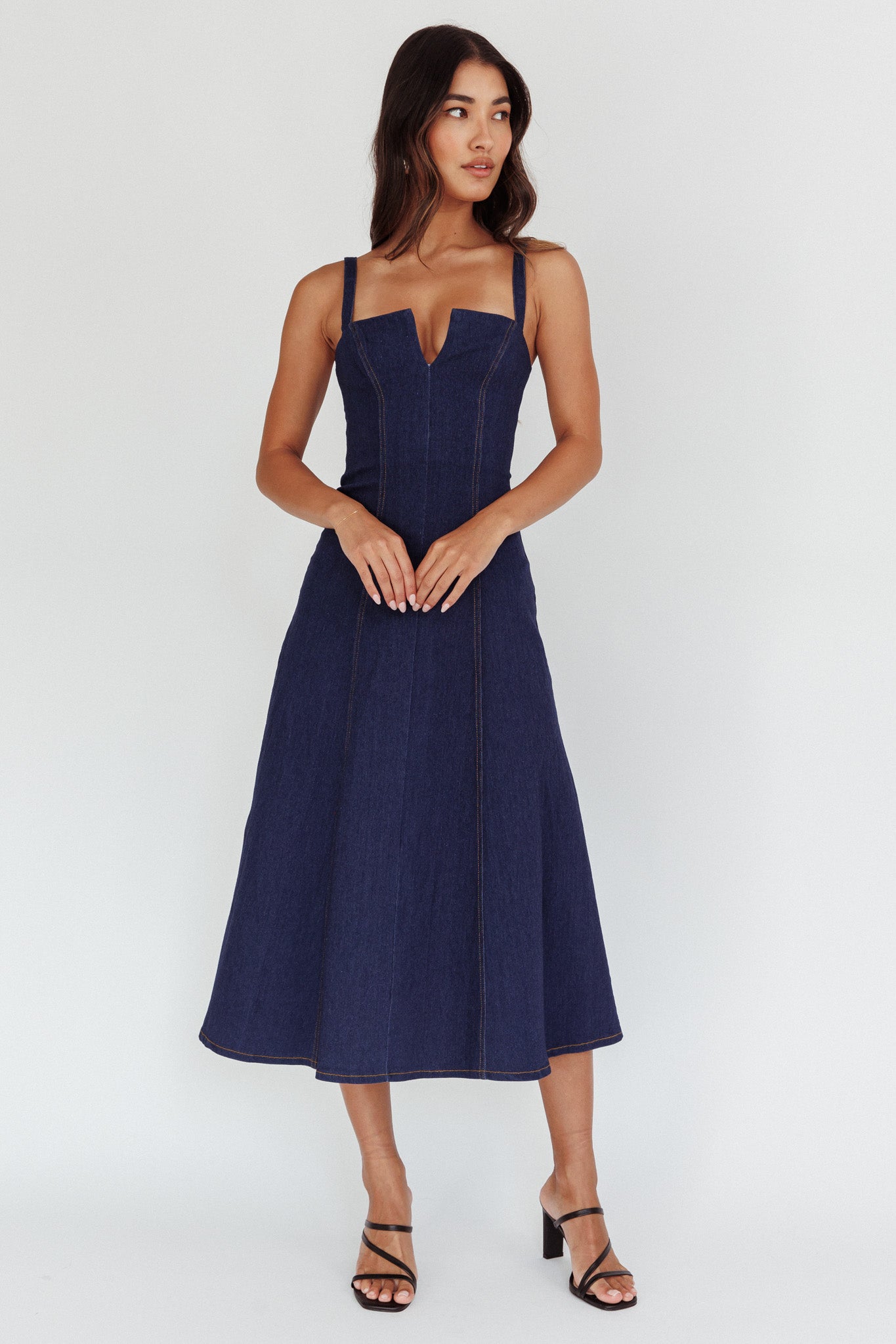 Catch My Drift A-Line Midi Dress Dark Blue-Maymioy