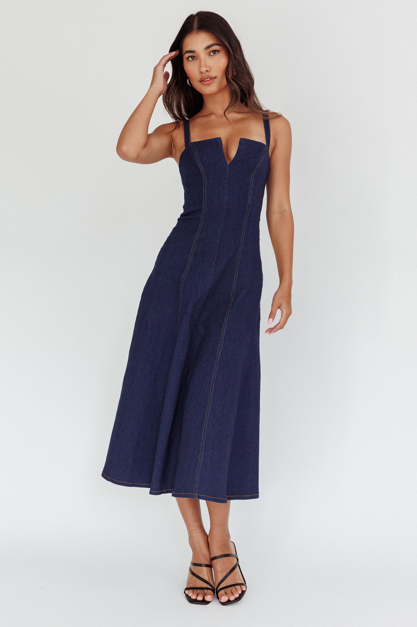 Catch My Drift A-Line Midi Dress Dark Blue-Maymioy