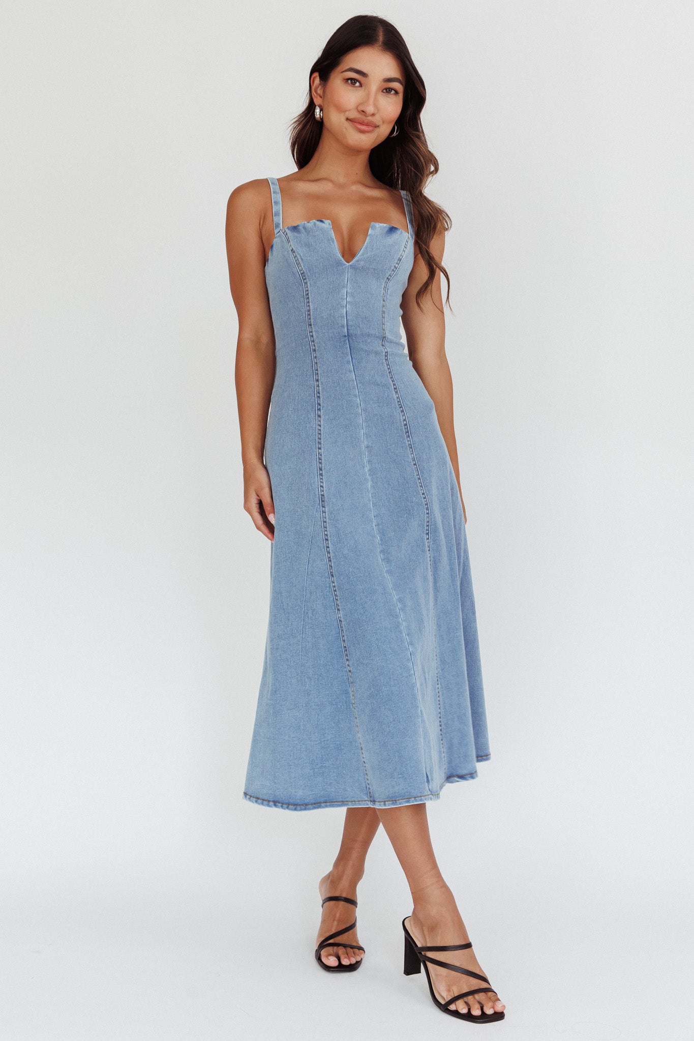 Catch My Drift A-Line Midi Dress Denim Blue-Maymioy