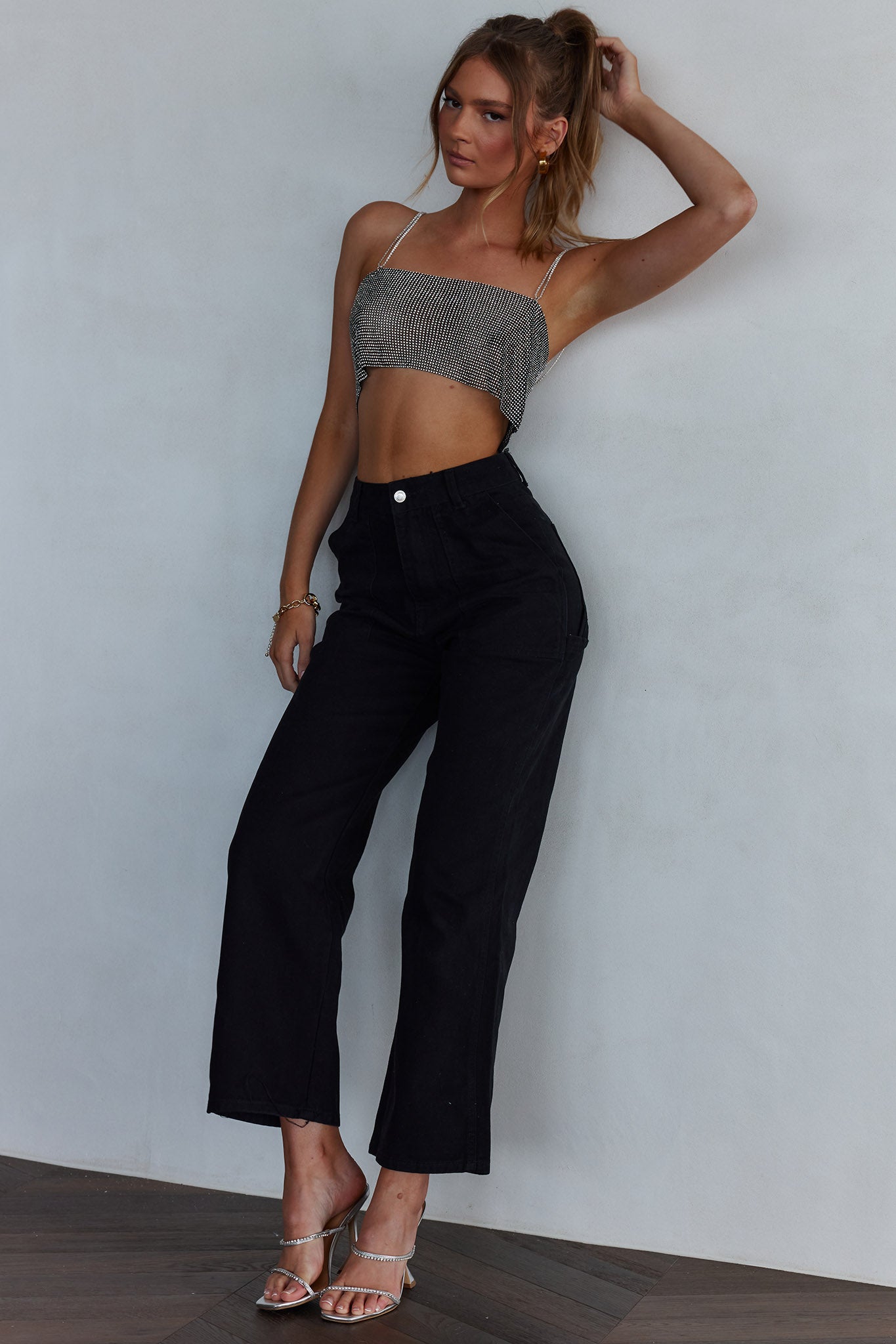 Studio 54 Diamante Crop Top Silver-Maymioy