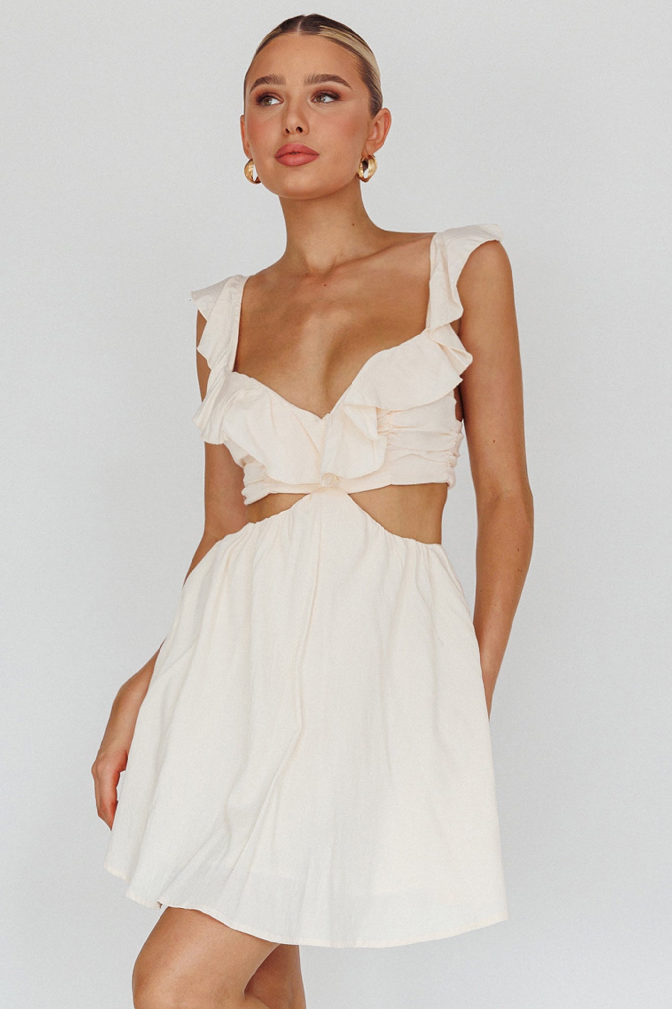 Revel Ruffle Trim Cut-Out Waist Dress Ivory-Maymioy