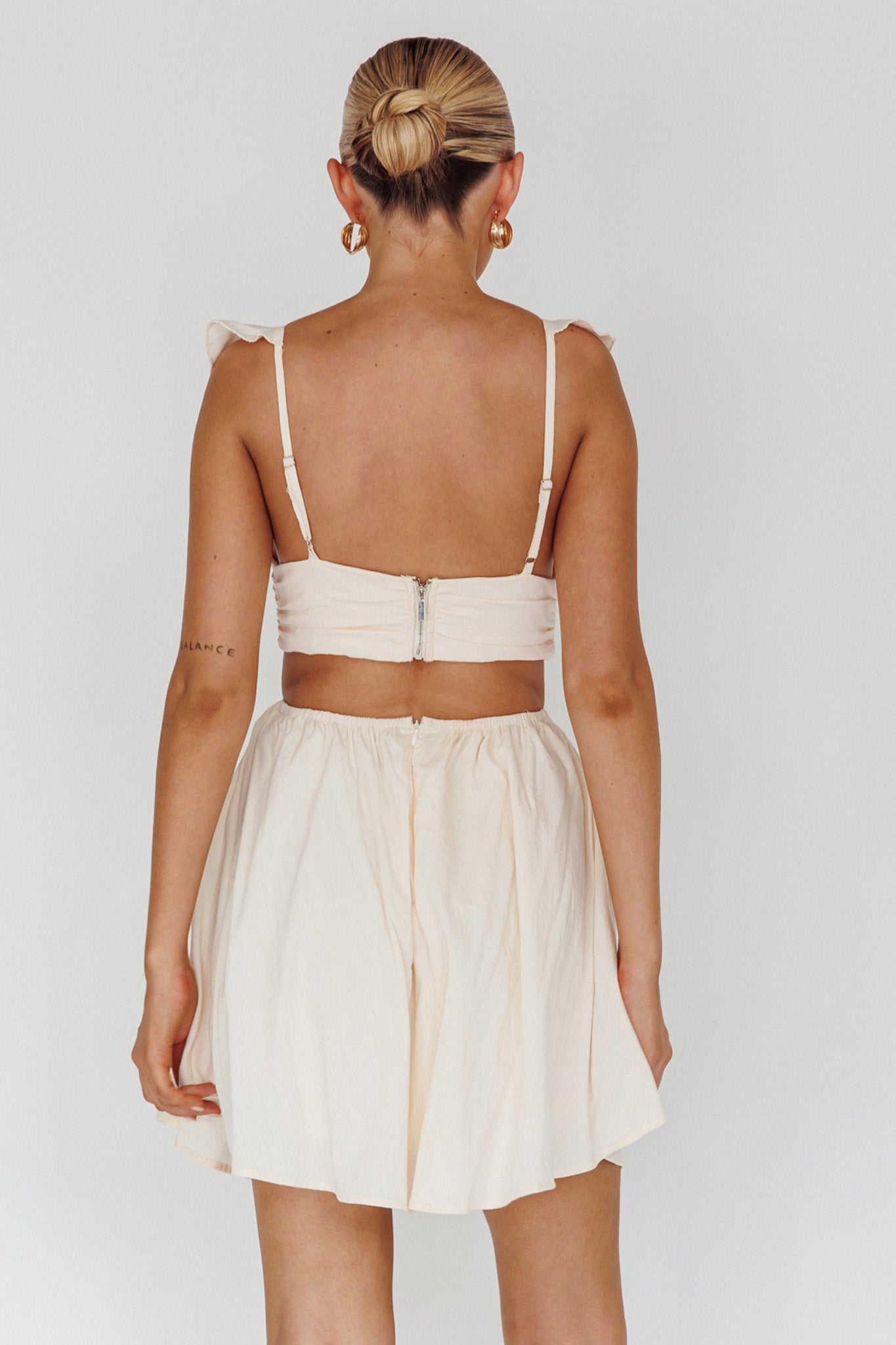 Revel Ruffle Trim Cut-Out Waist Dress Ivory-Maymioy