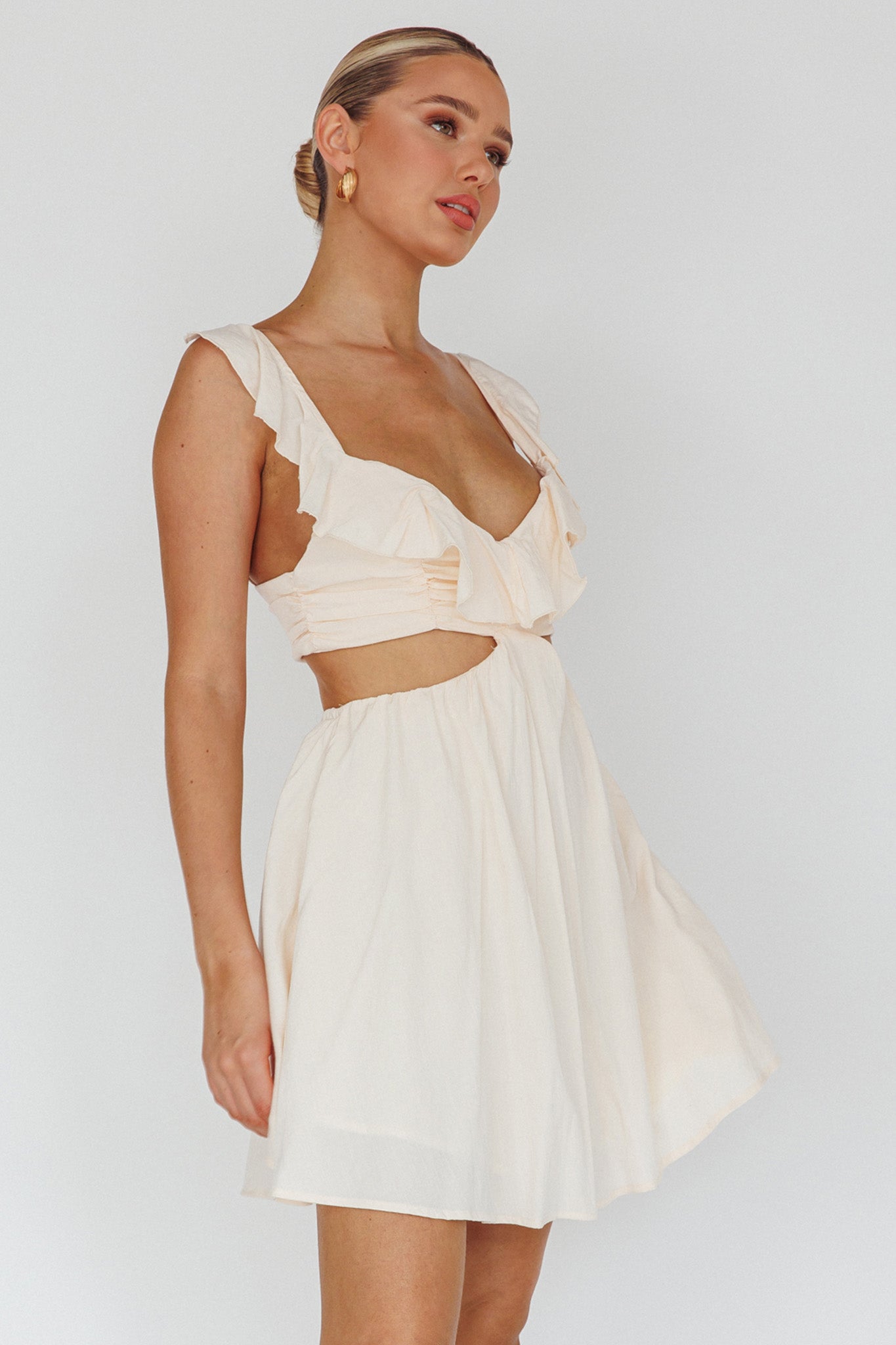 Revel Ruffle Trim Cut-Out Waist Dress Ivory-Maymioy