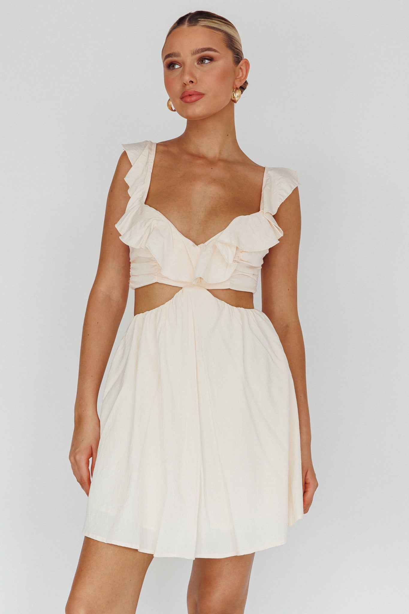 Revel Ruffle Trim Cut-Out Waist Dress Ivory-Maymioy
