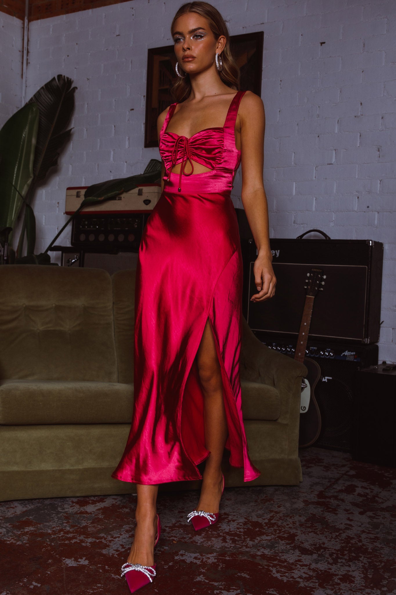 Belle Epoque Drawstring Bust Midi Dress Hot Pink-Maymioy