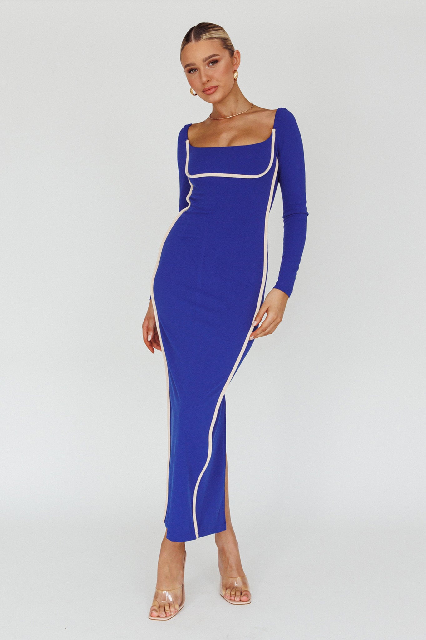 Sunny Coast Long Sleeve Piping Maxi Dress Blue-Maymioy