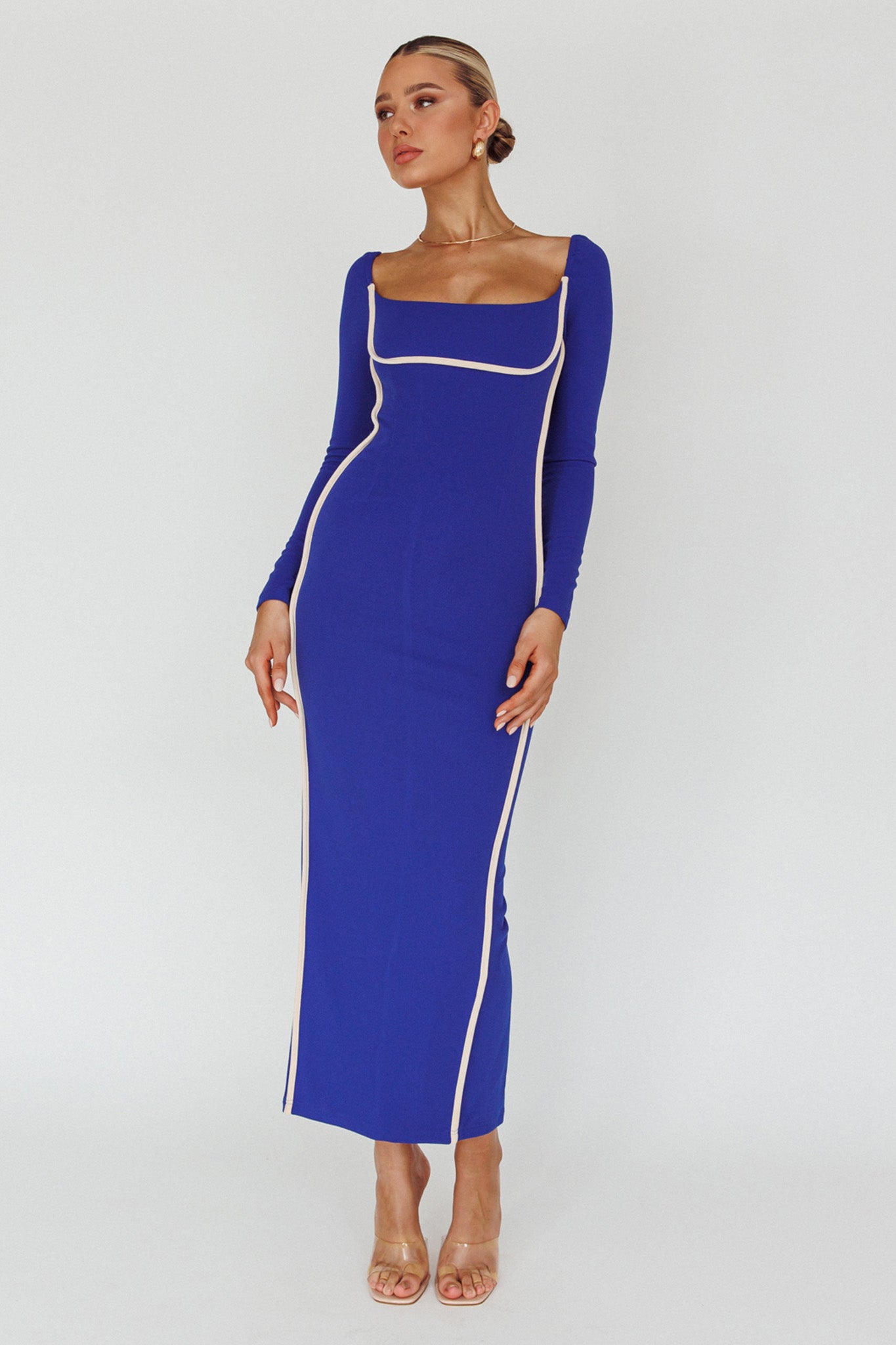 Sunny Coast Long Sleeve Piping Maxi Dress Blue-Maymioy