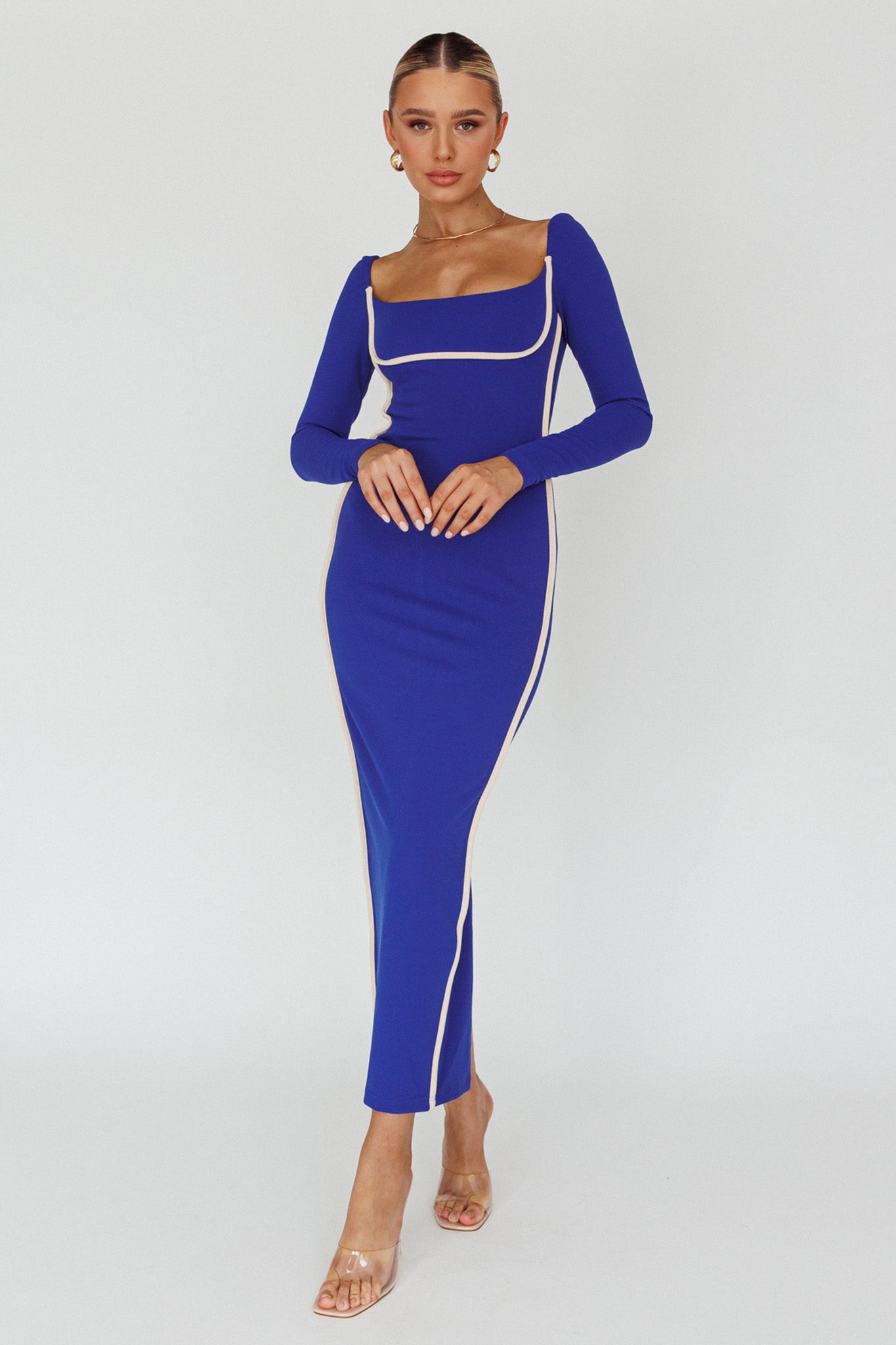 Sunny Coast Long Sleeve Piping Maxi Dress Blue-Maymioy