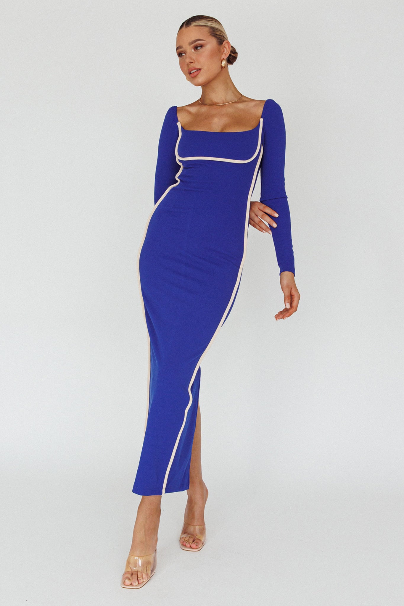 Sunny Coast Long Sleeve Piping Maxi Dress Blue-Maymioy