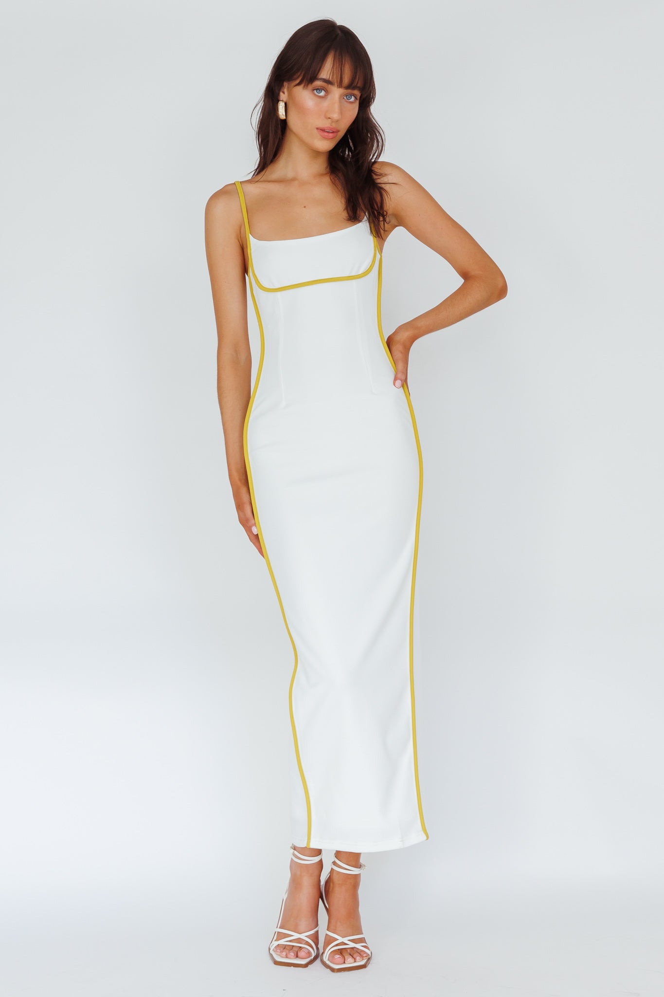 Sunny Coast Piping Trim Maxi Dress White/Yellow-Maymioy