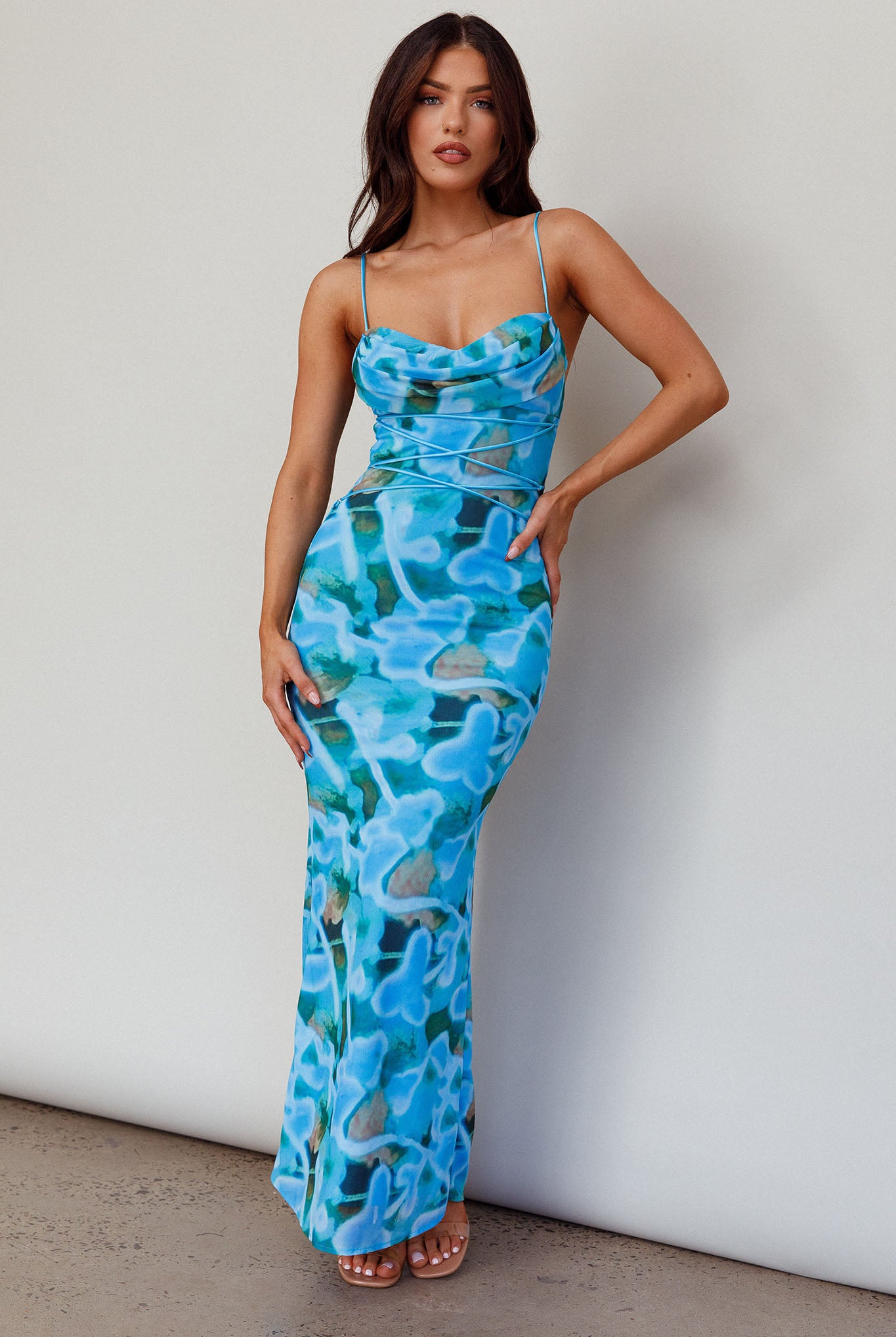 Teava Laced Waist Midi Dress Abstract Blue Crush-Maymioy