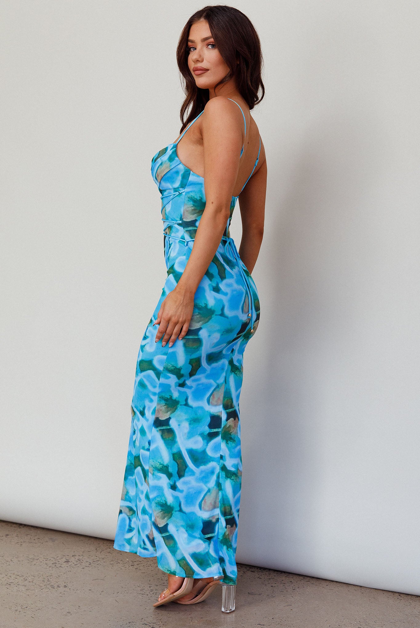 Teava Laced Waist Midi Dress Abstract Blue Crush-Maymioy