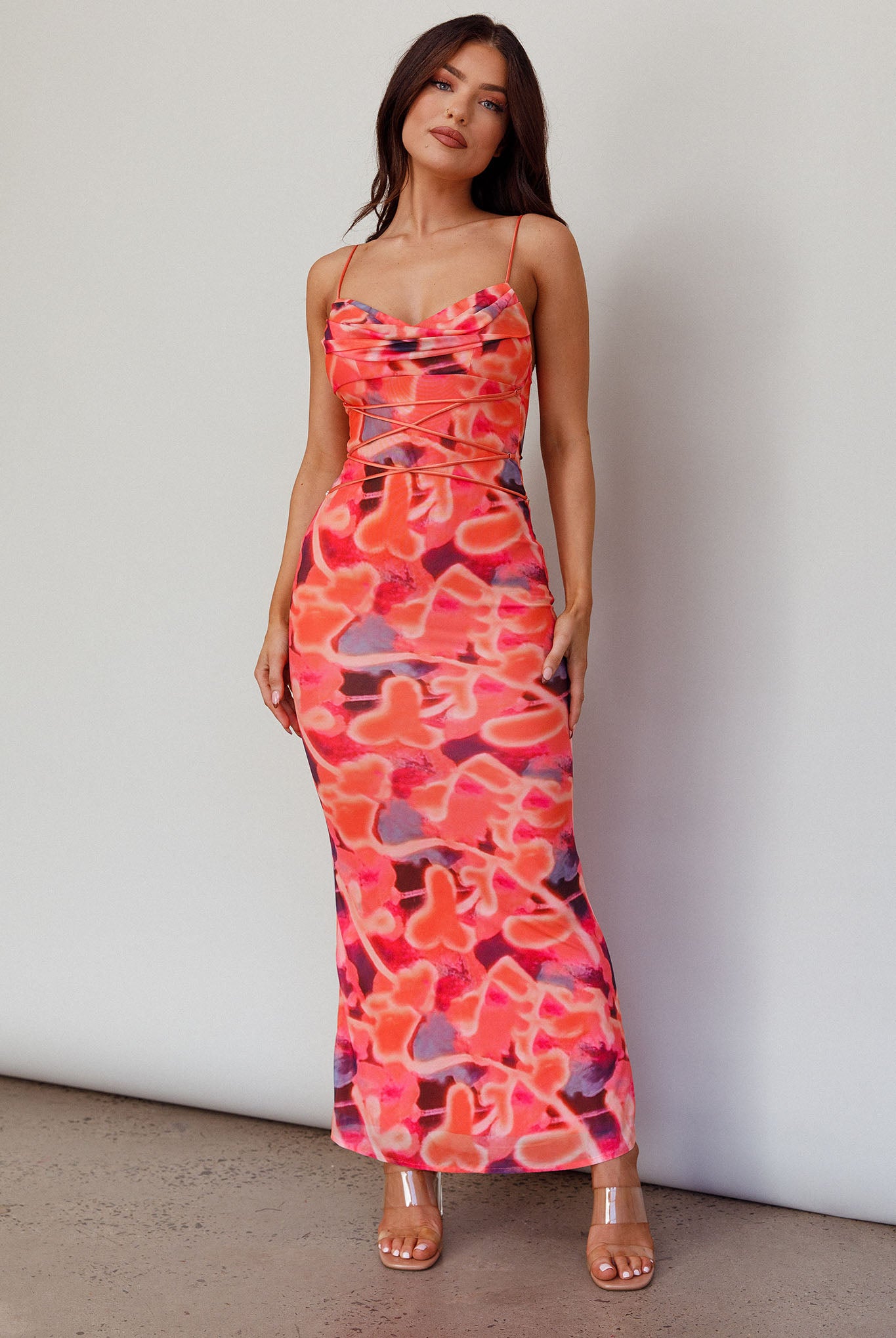 Teava Laced Waist Midi Dress Abstract Sorbet-Maymioy