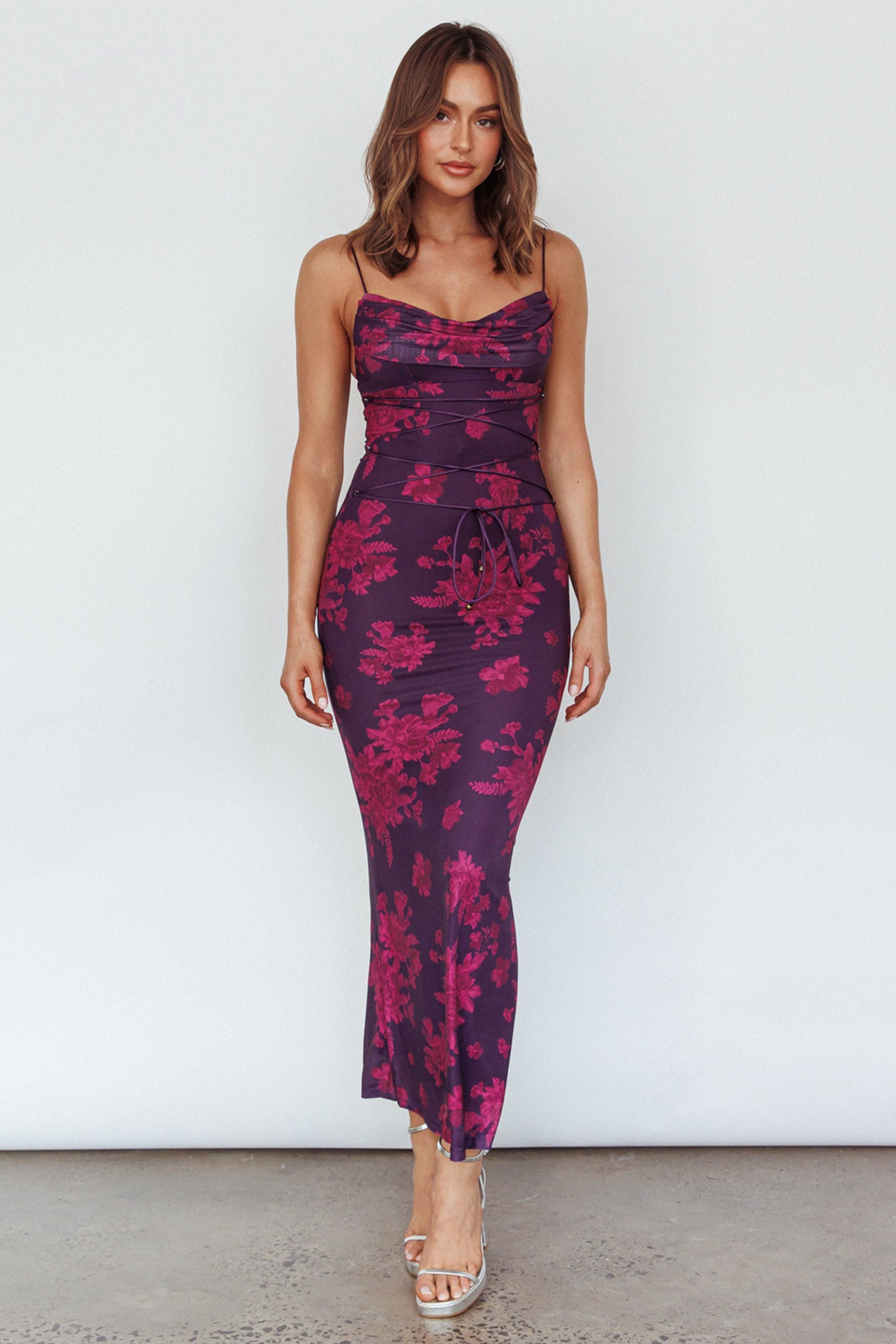 Teava Laced Waist Maxi Dress Floral Grape-Maymioy