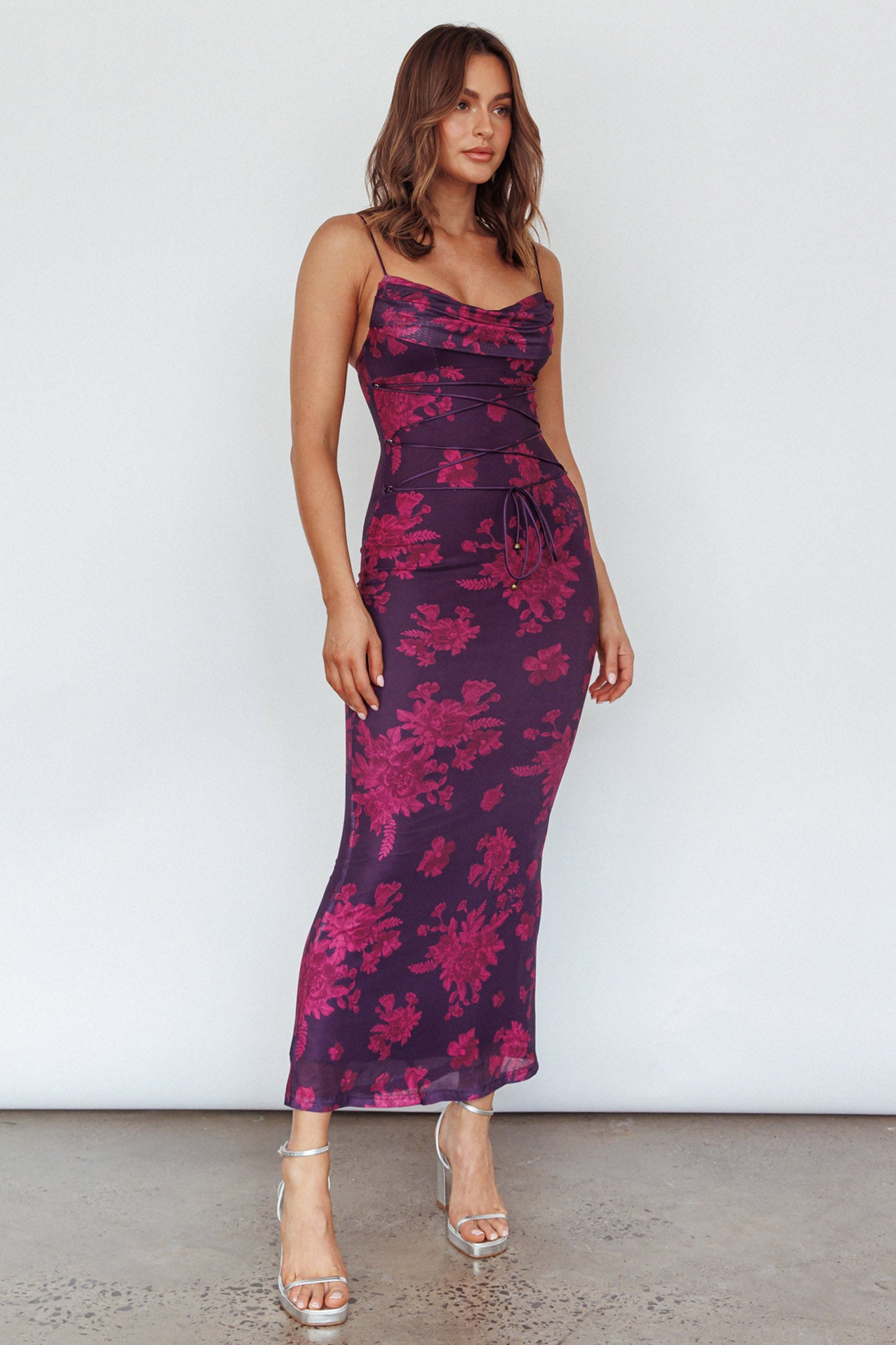 Teava Laced Waist Maxi Dress Floral Grape-Maymioy