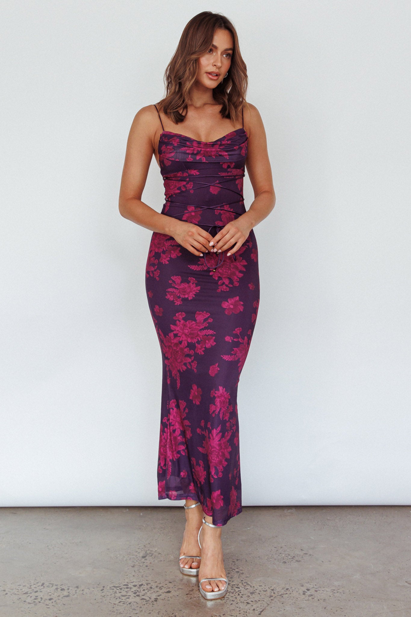 Teava Laced Waist Maxi Dress Floral Grape-Maymioy