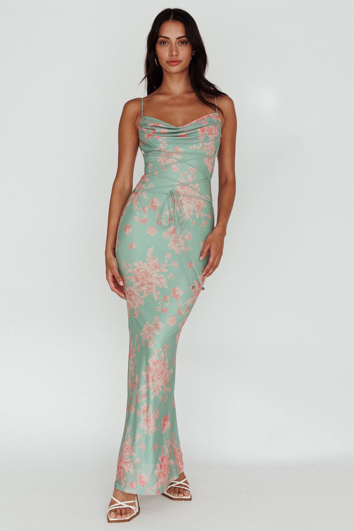 Teava Laced Waist Maxi Dress Floral Green-Maymioy